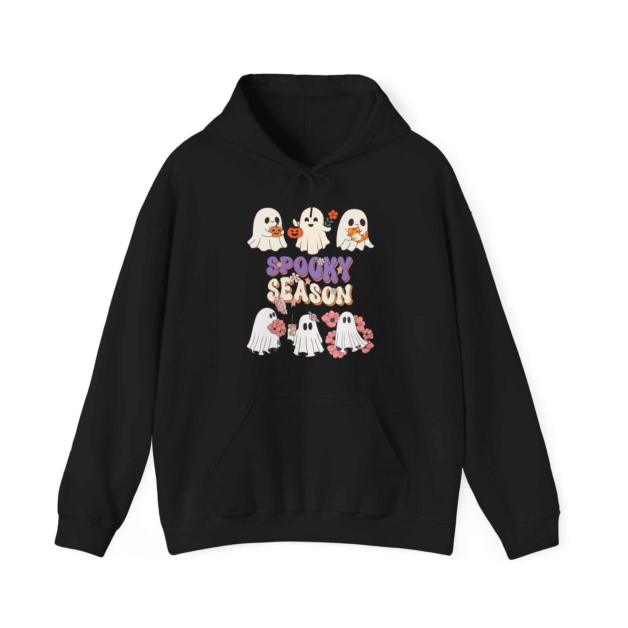 Black hoodie with Halloween-themed design featuring ghosts and 'Spooky Season' text on a white background.