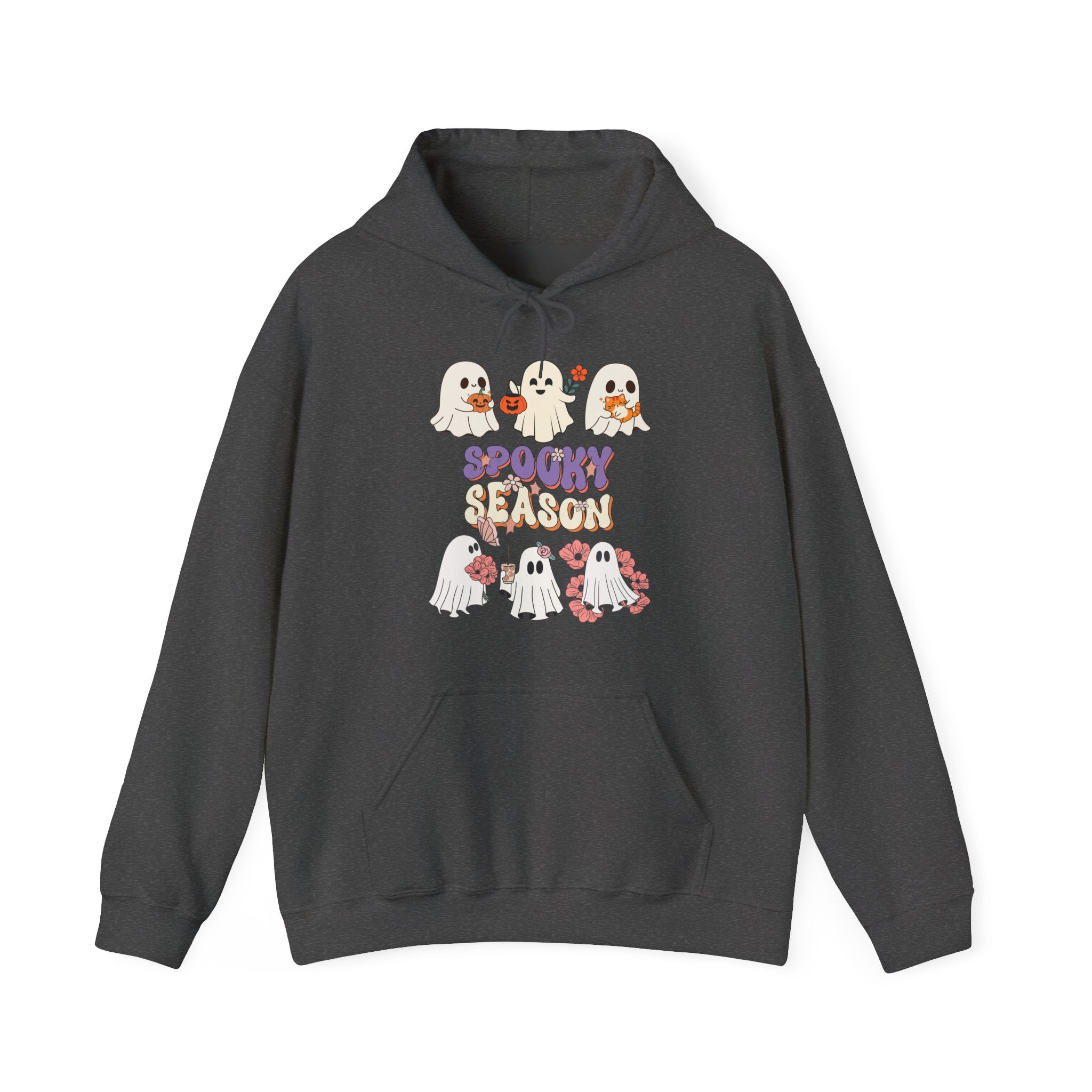 Dark gray hoodie with Halloween-themed design on a white background
