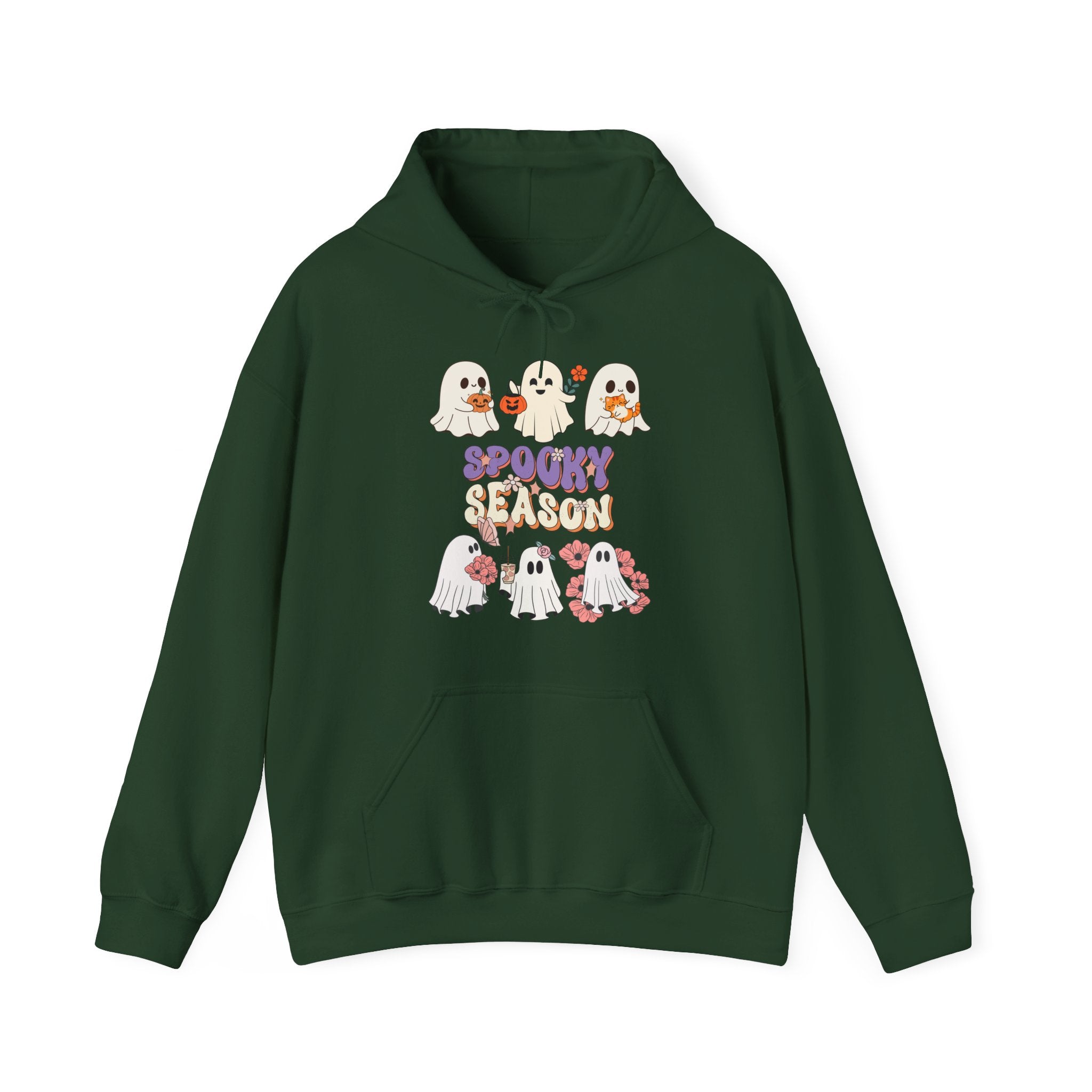 Forest green hoodie with Halloween-themed design featuring ghosts and 'Spooky Season' text on a white background.