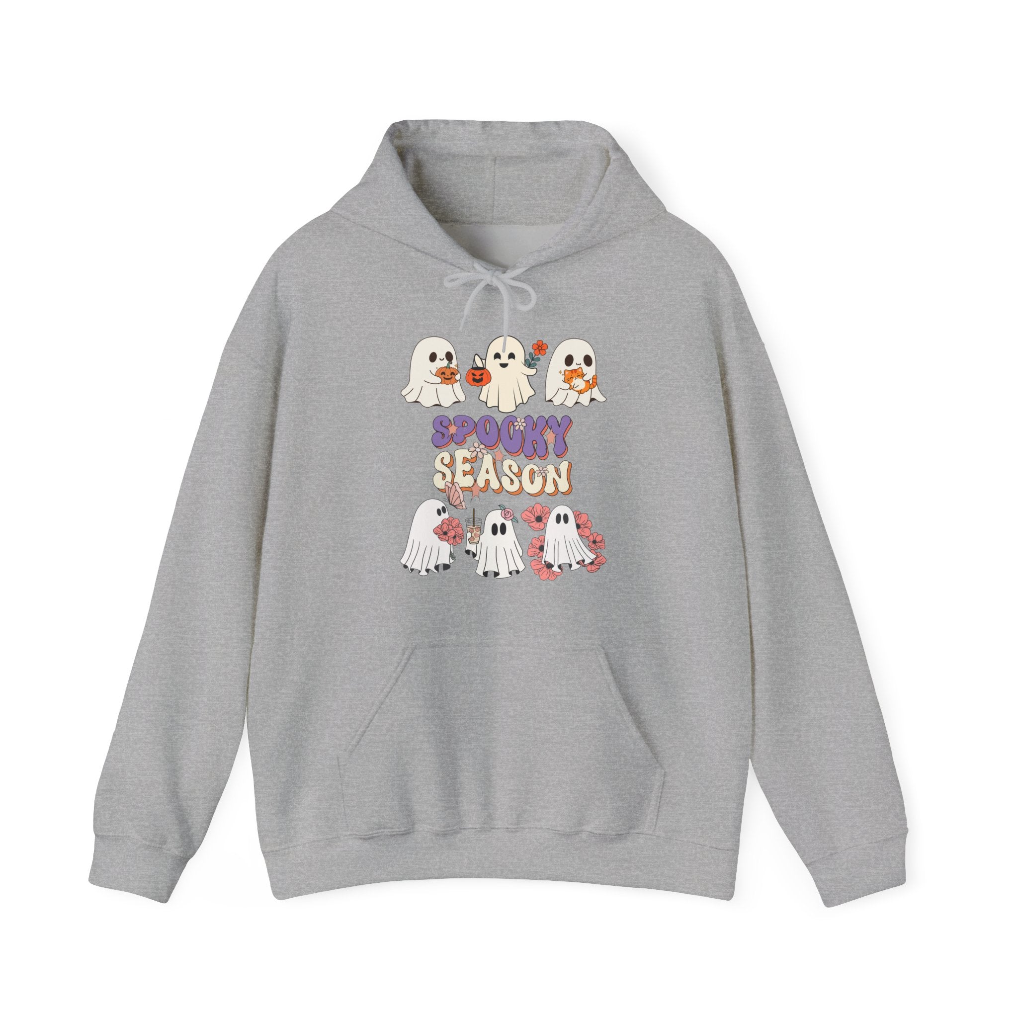 Gray hoodie with Halloween-themed design on a white background