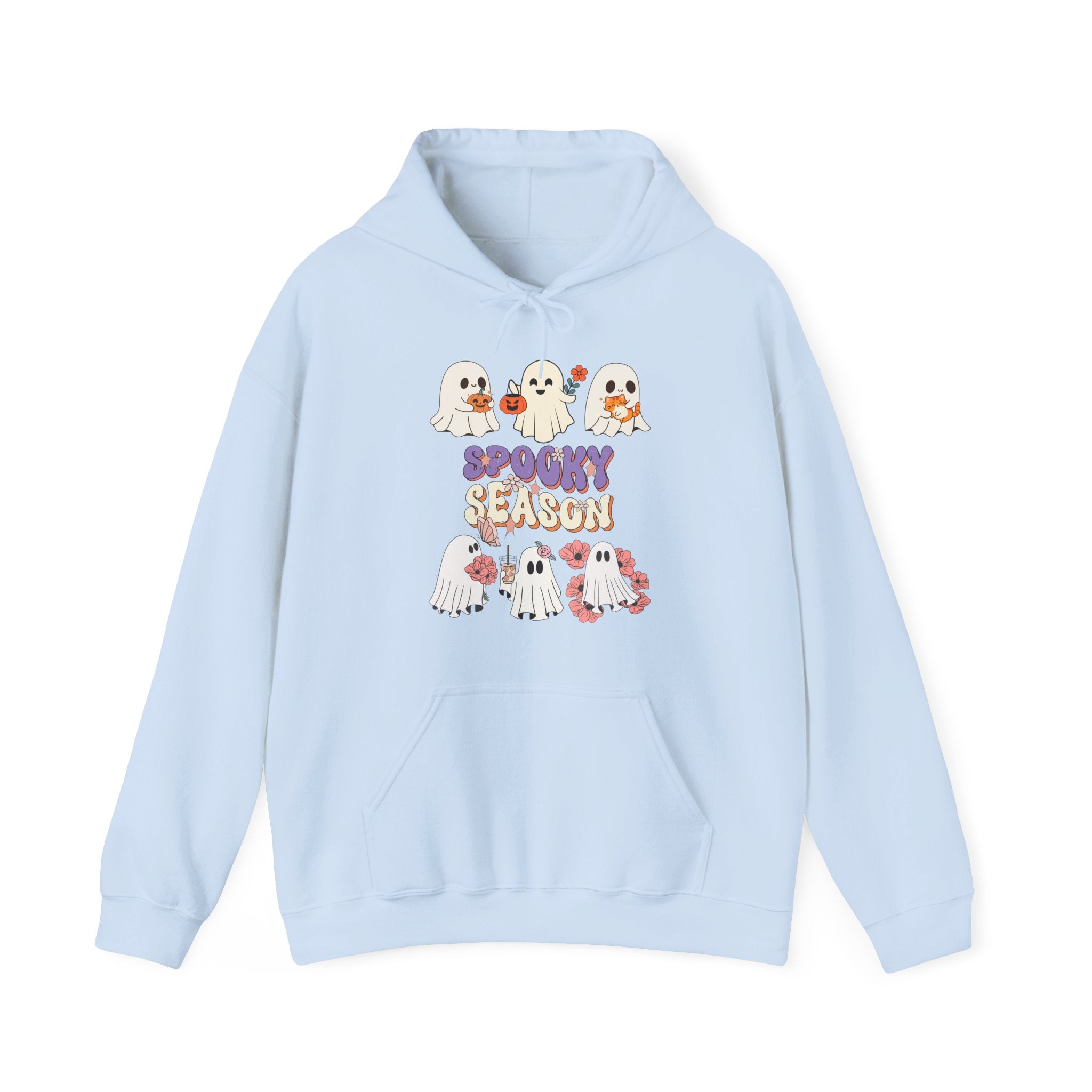 Light blue hoodie with Halloween-themed design on a white background
