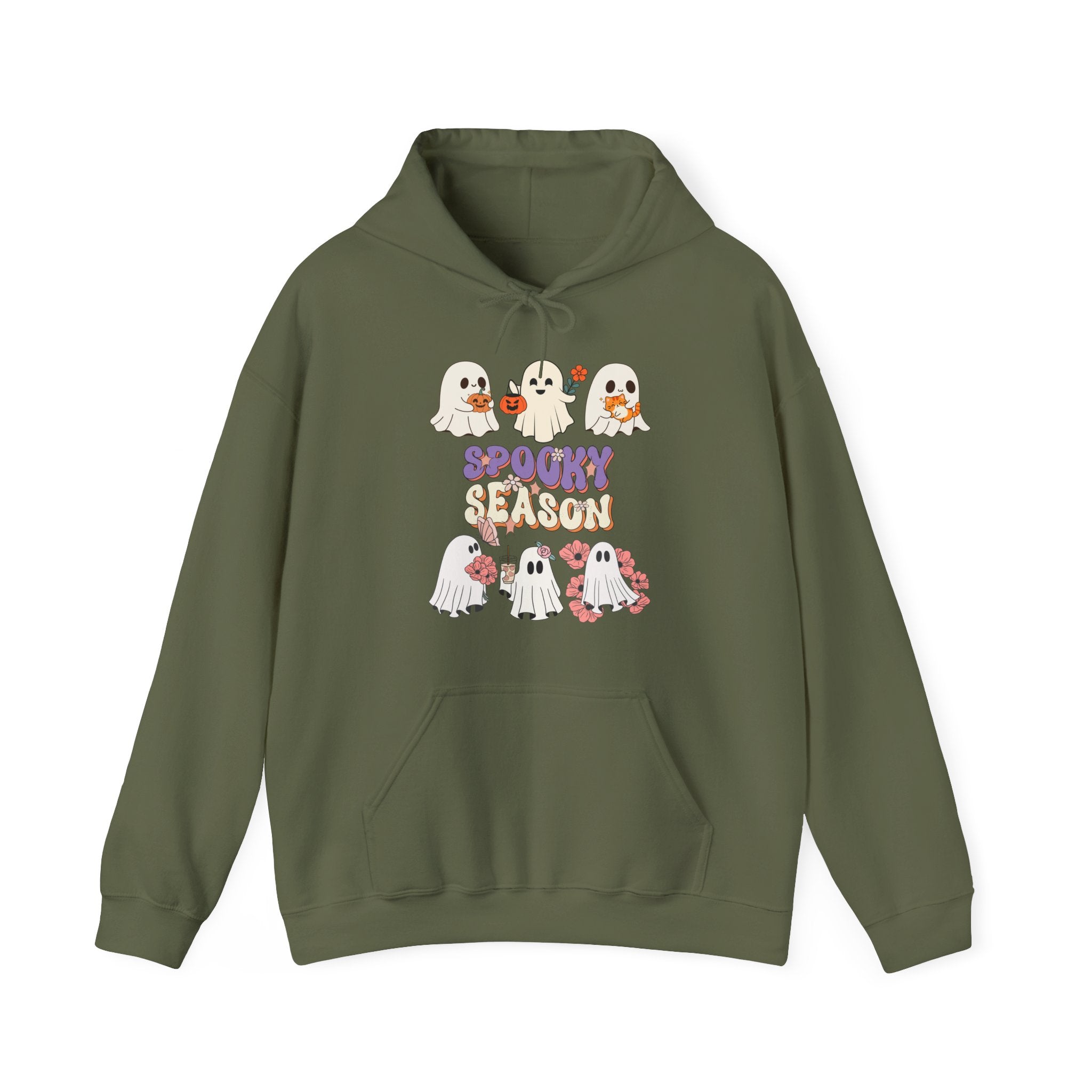 Military green hoodie with ghost design and 'Spooky Season' text on a white background