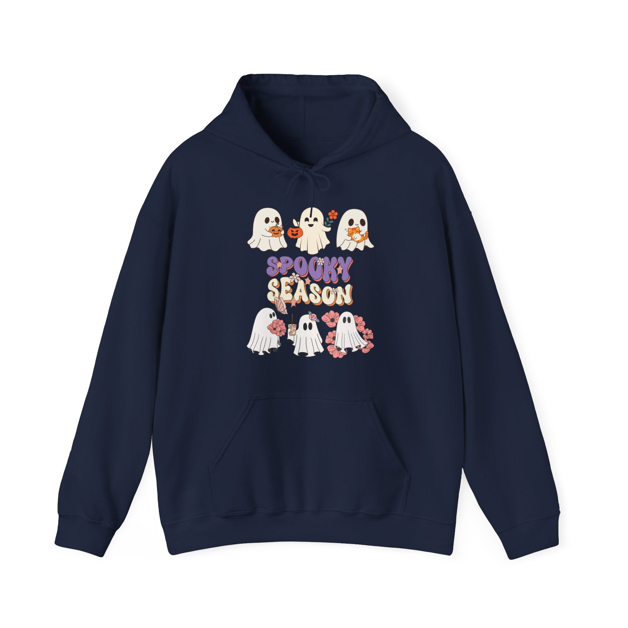 Navy blue hoodie with Halloween-themed design on a white background