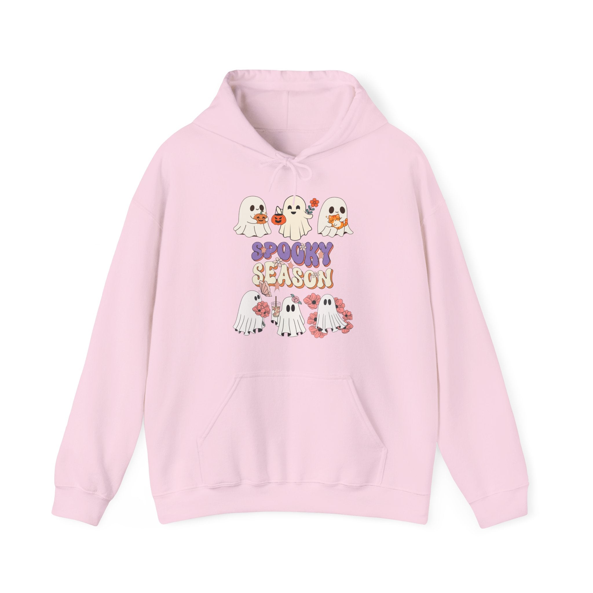 Pink hoodie with Halloween-themed design on a white background