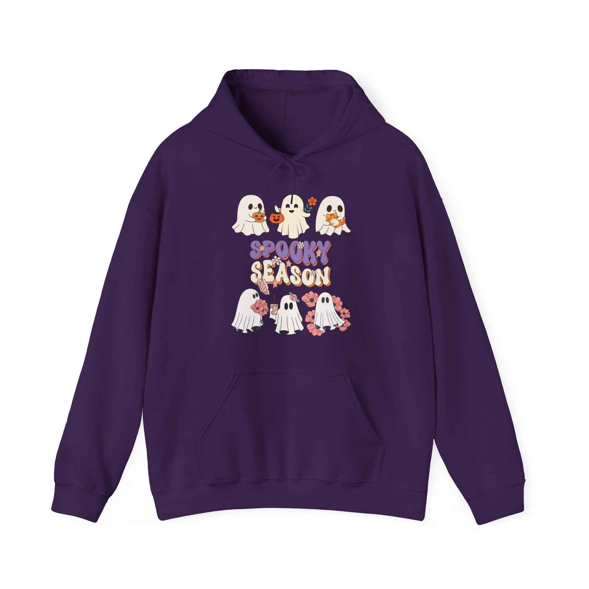 Purple hoodie with Halloween-themed design on a white background