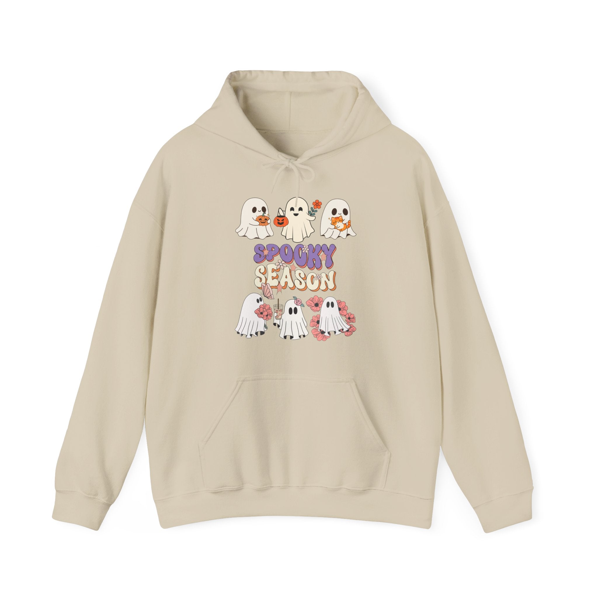 Beige hoodie with Halloween-themed design featuring ghosts and pumpkins on a white background