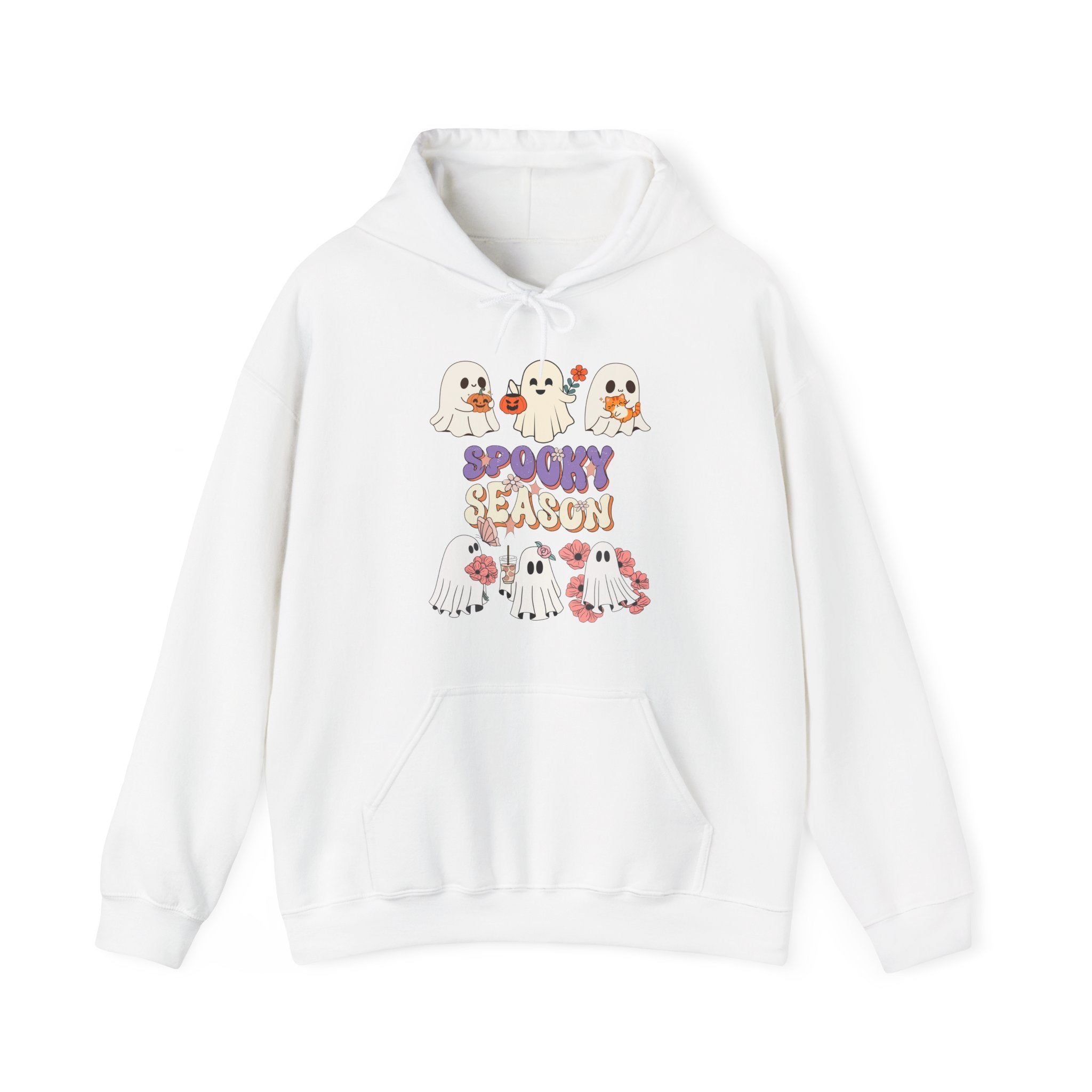 White hoodie with Halloween-themed design on a white background