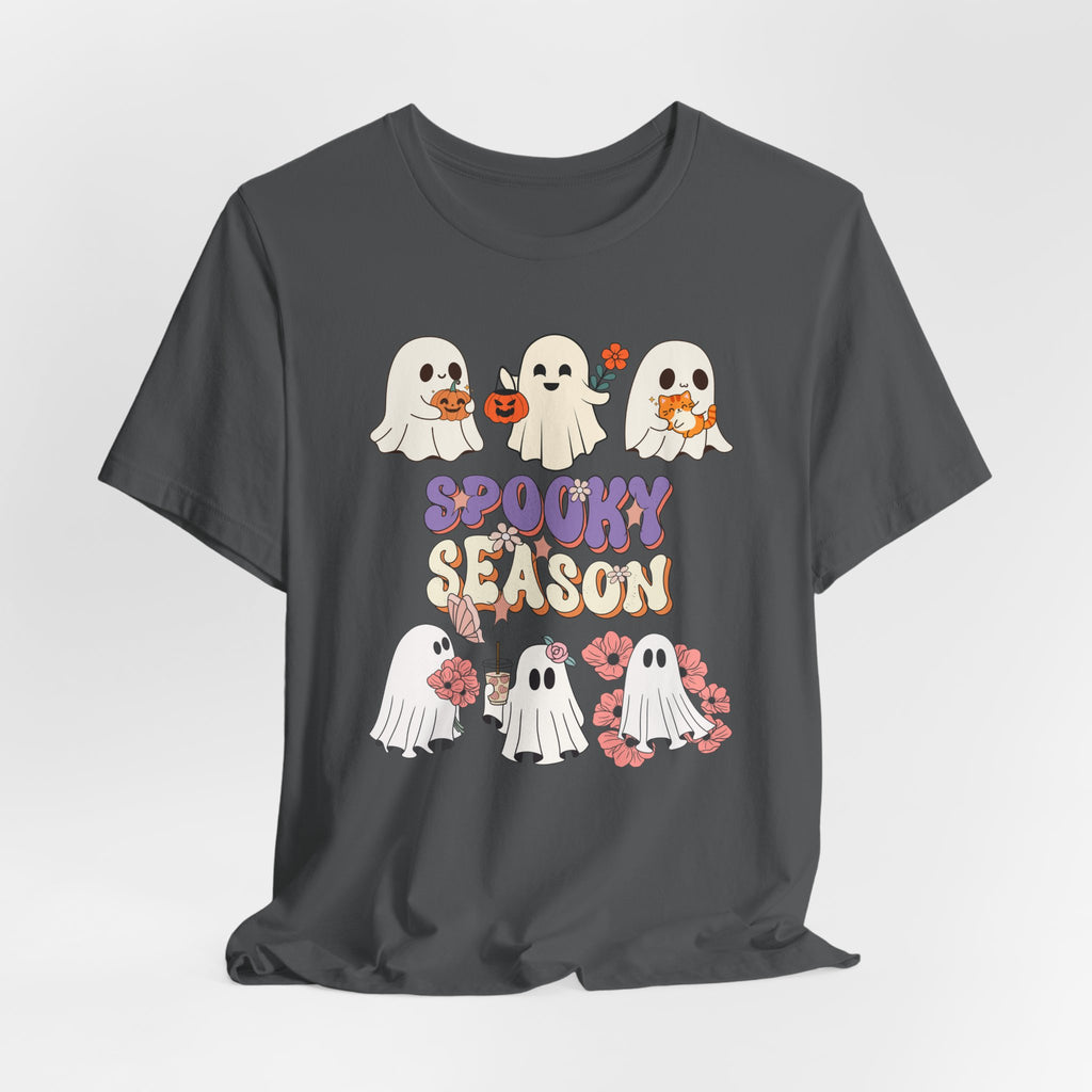 Asphalt gray t-shirt with Halloween-themed design featuring ghosts and 'Spooky Season' text on a white background.