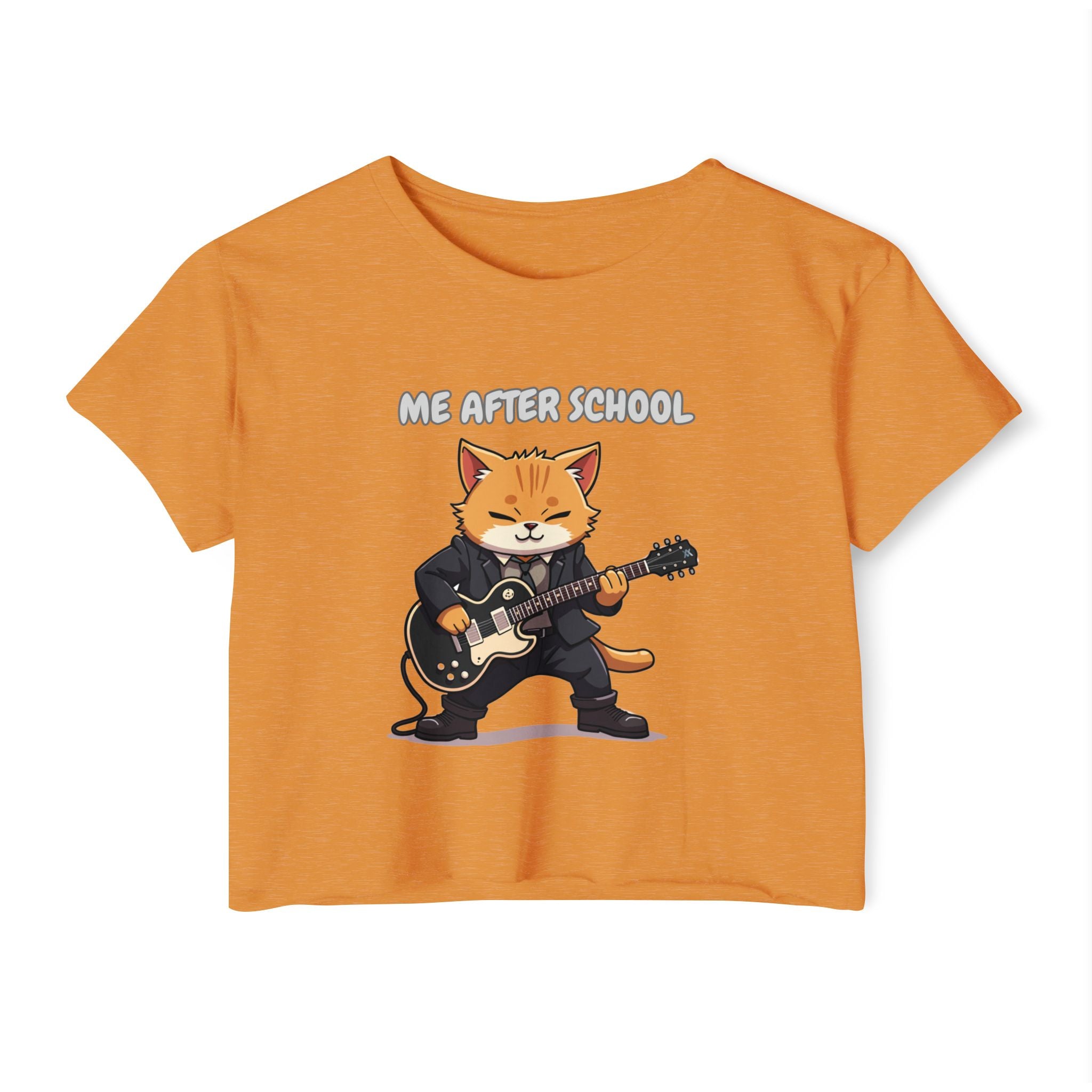 Antique gold t-shirt with a cat playing guitar graphic and 'Me After School' text on a white background
