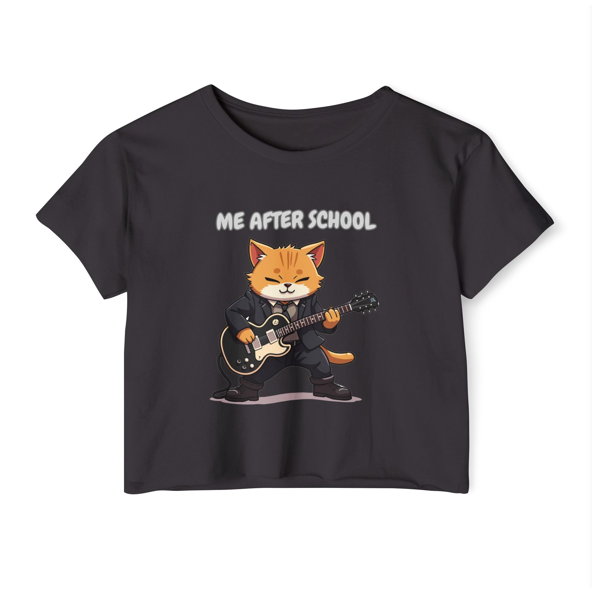 Black t-shirt with a cat playing guitar graphic and 'Me After School' text on a white background