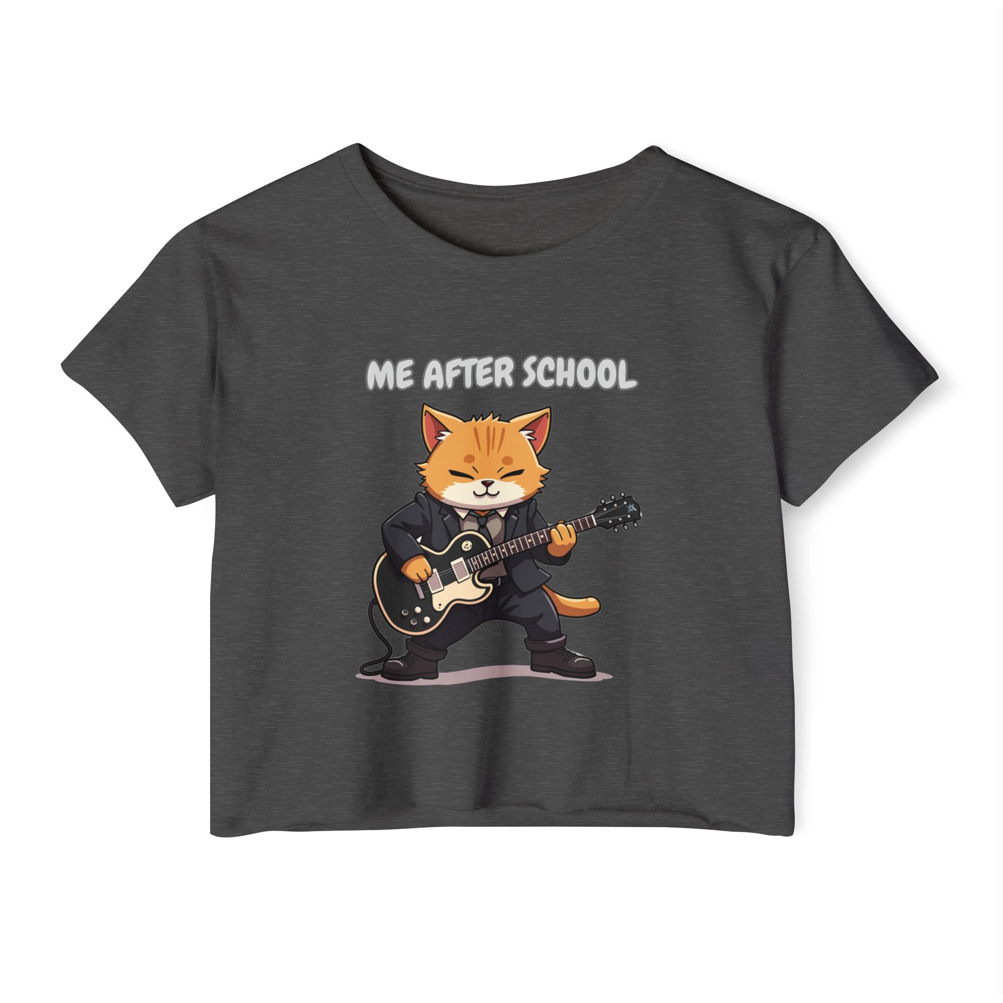 Charcoal gray t-shirt with a graphic of a cat playing guitar and 'Me After School' text on a white background