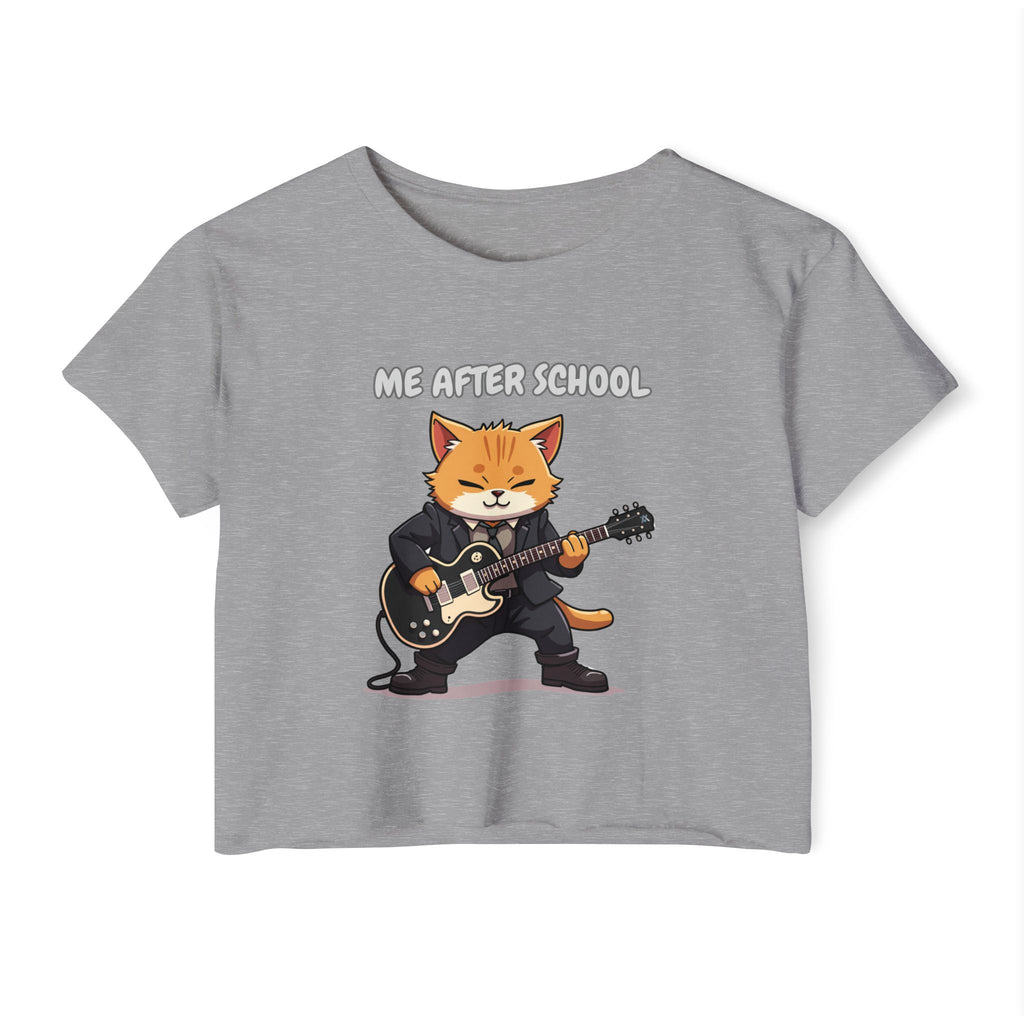 Grey t-shirt with a graphic of a cat playing guitar and 'Me After School' text on a white background