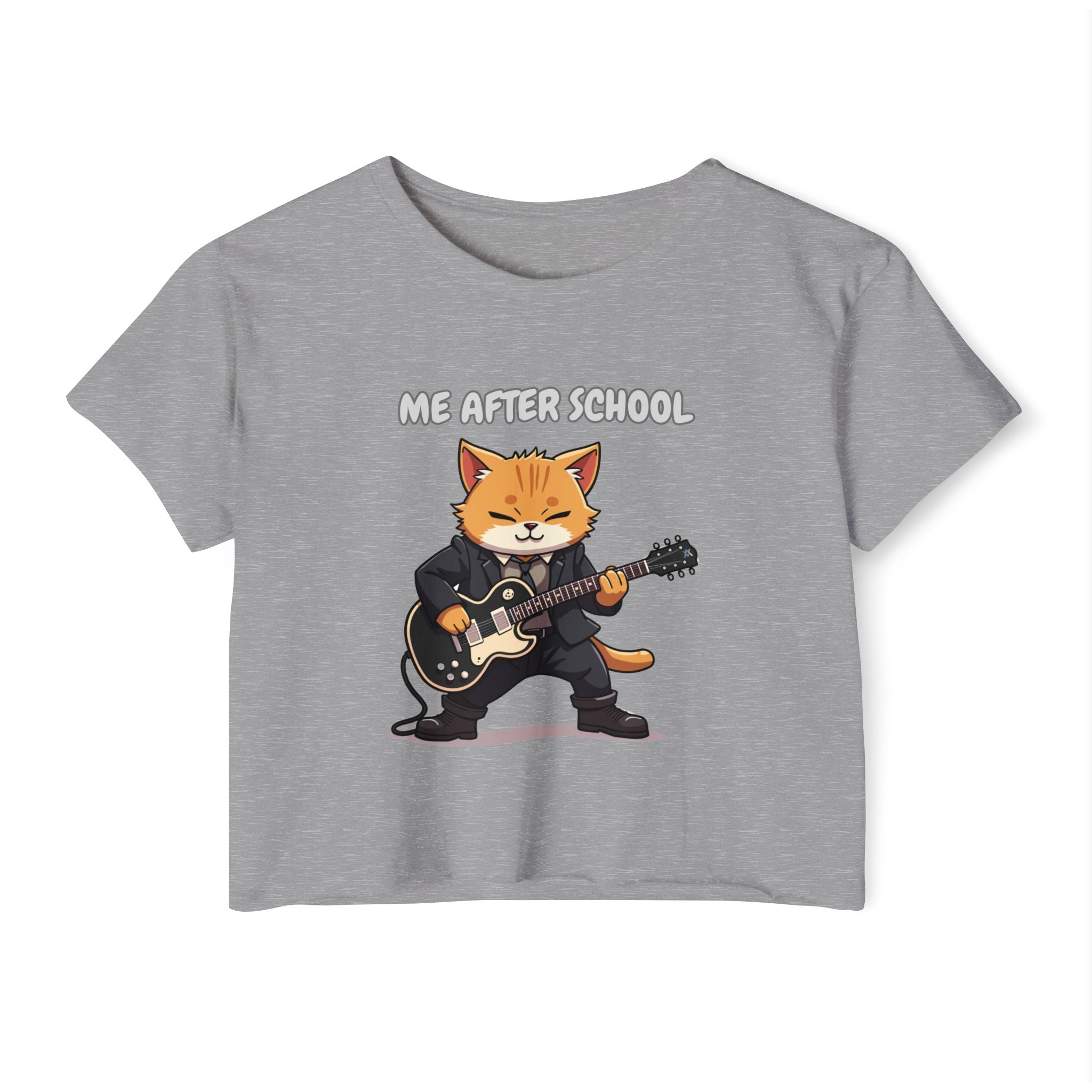 Grey t-shirt with a graphic of a cat playing guitar and 'Me After School' text on a white background