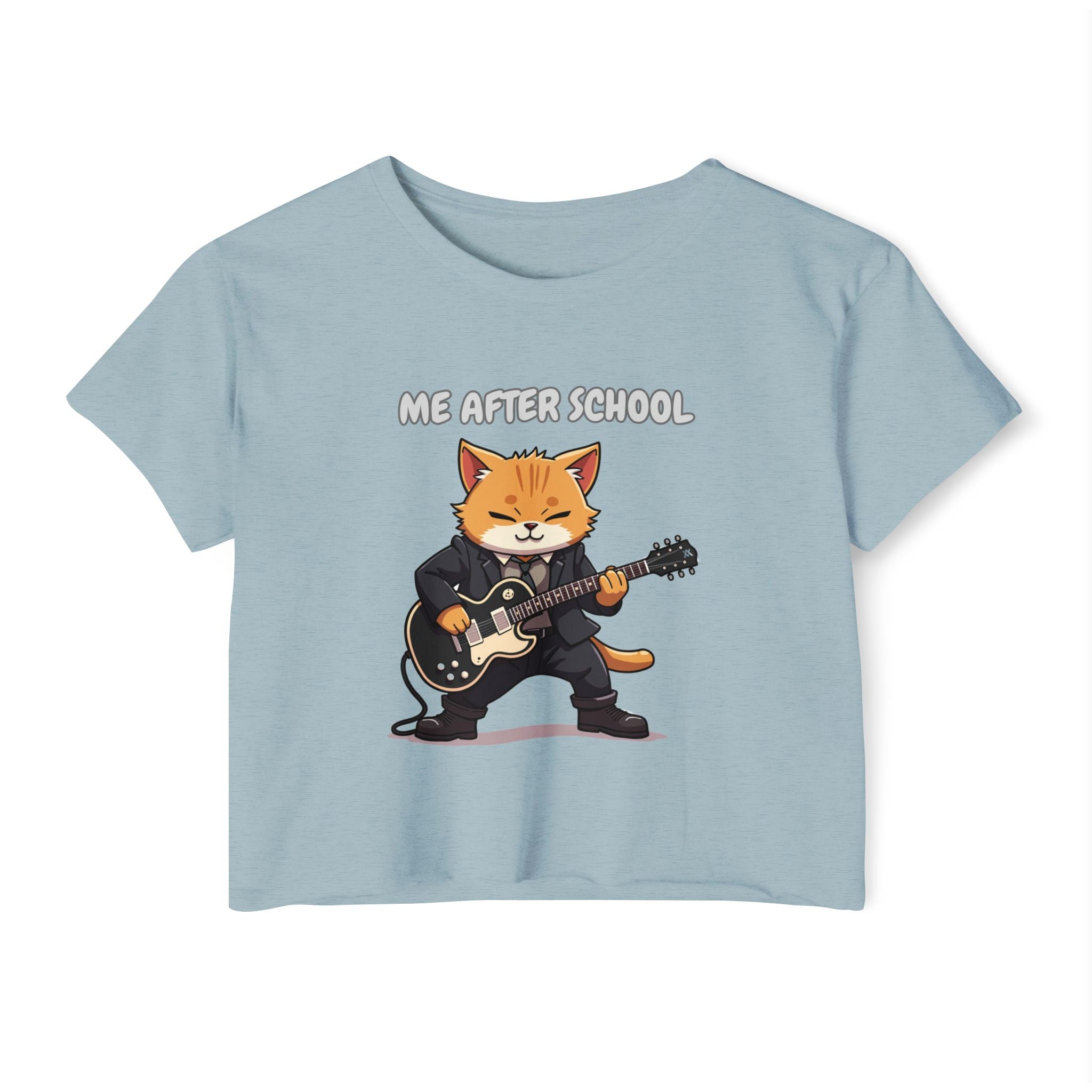 Stonewash denim t-shirt with a graphic of a cat playing guitar and 'Me After School' text on a white background