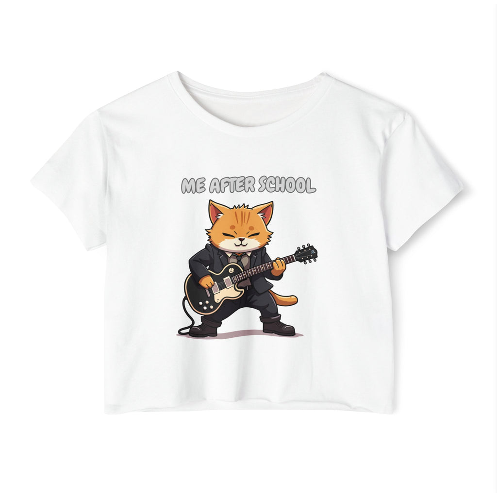 White t-shirt with a cat playing guitar graphic and 'Me After School' text on a white background