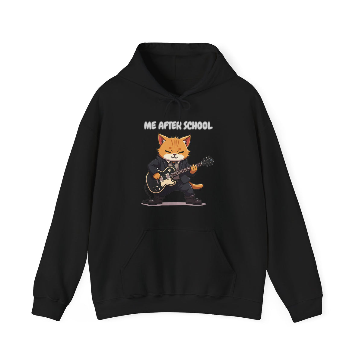 Black hoodie with a graphic of a cat playing guitar and text 'ME AFTER SCHOOL' on a white background.