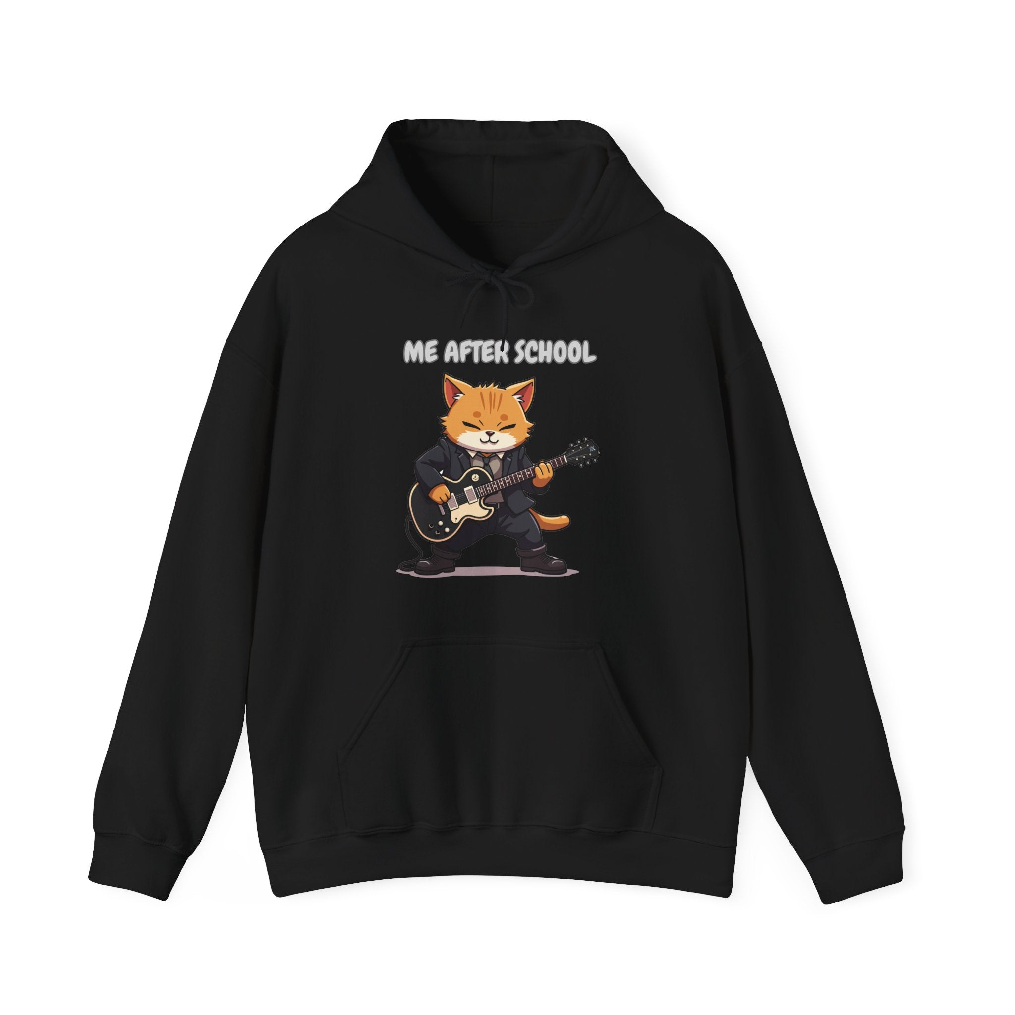 Black hoodie with a graphic of a cat playing guitar and text 'ME AFTER SCHOOL' on a white background.