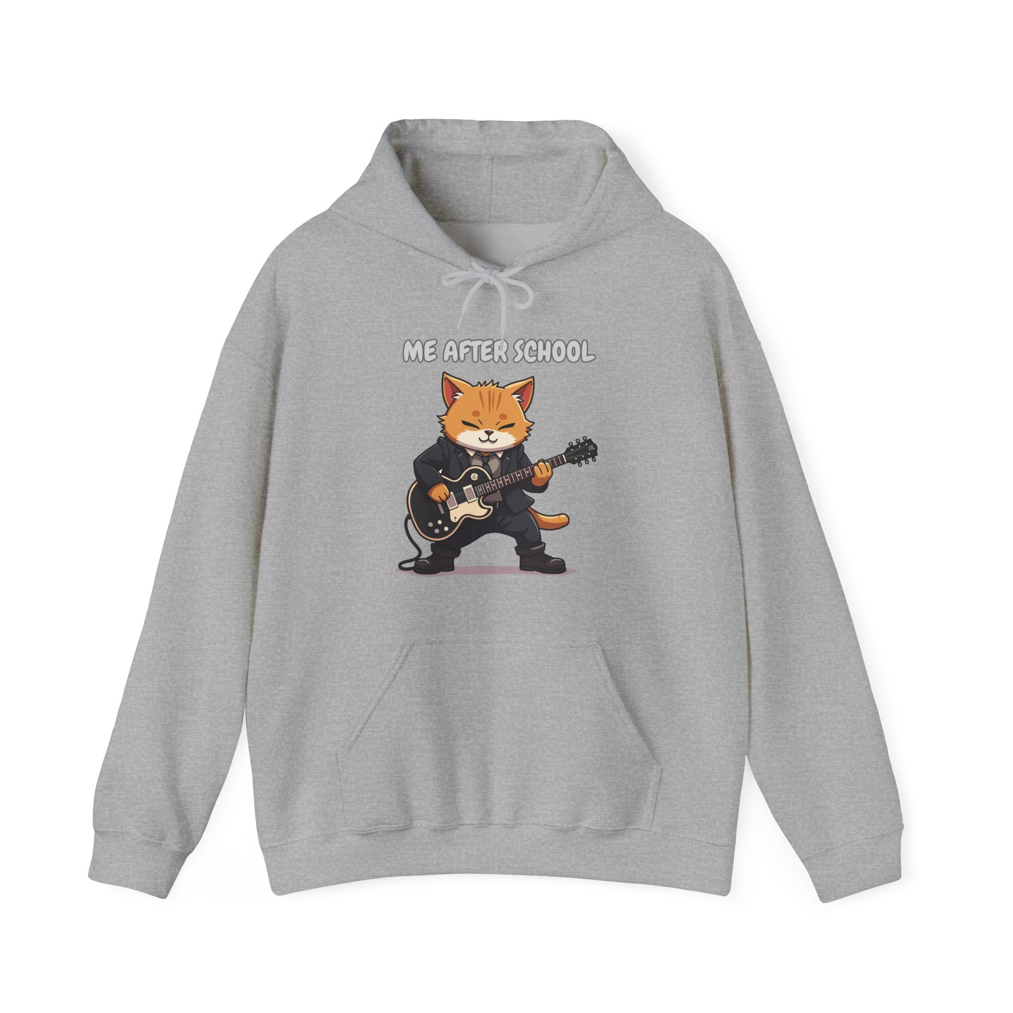Gray hoodie with a cartoon fox playing guitar and text 'Me After School' on a white background