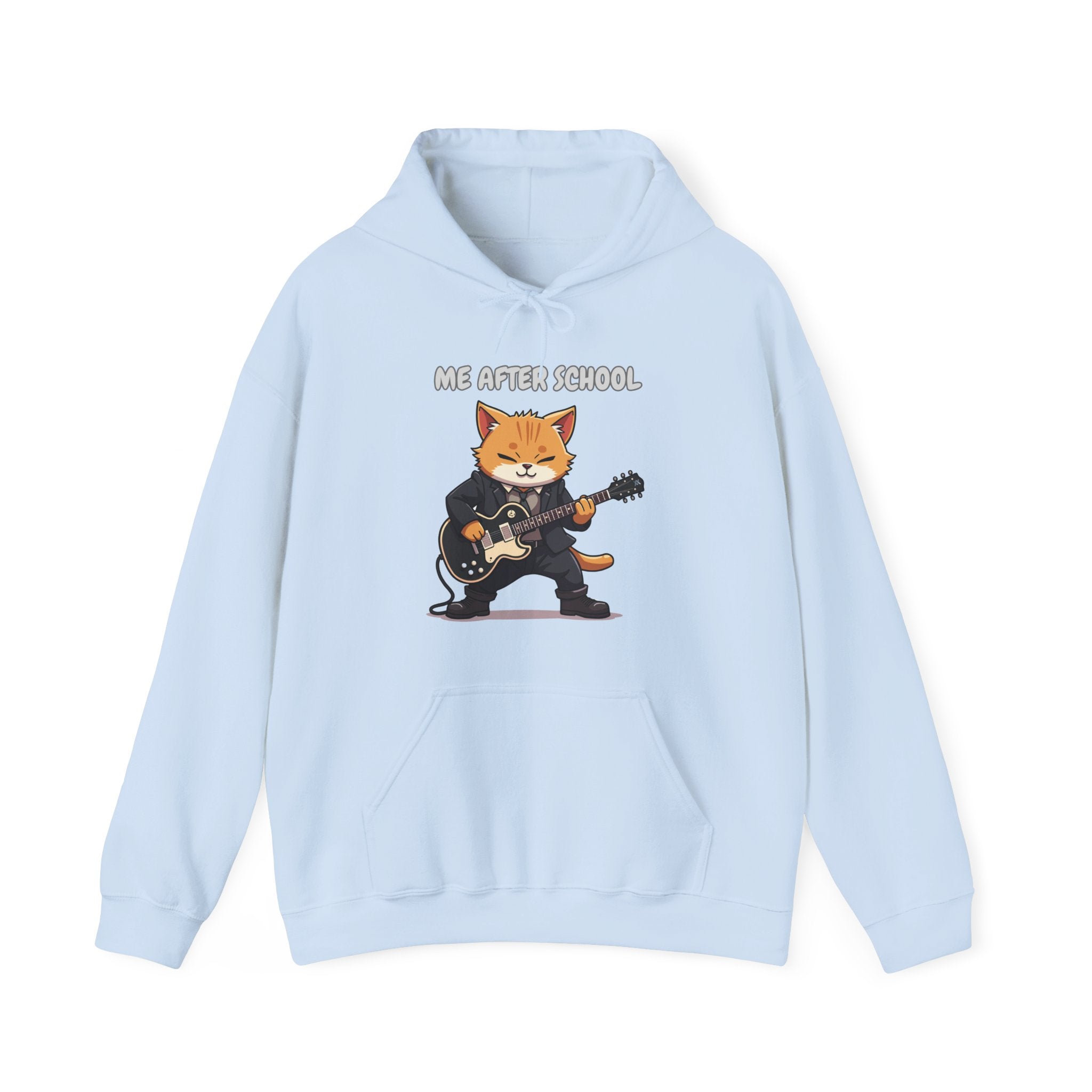 Light blue hoodie with a cartoon cat playing guitar and text 'Me after school' on a white background