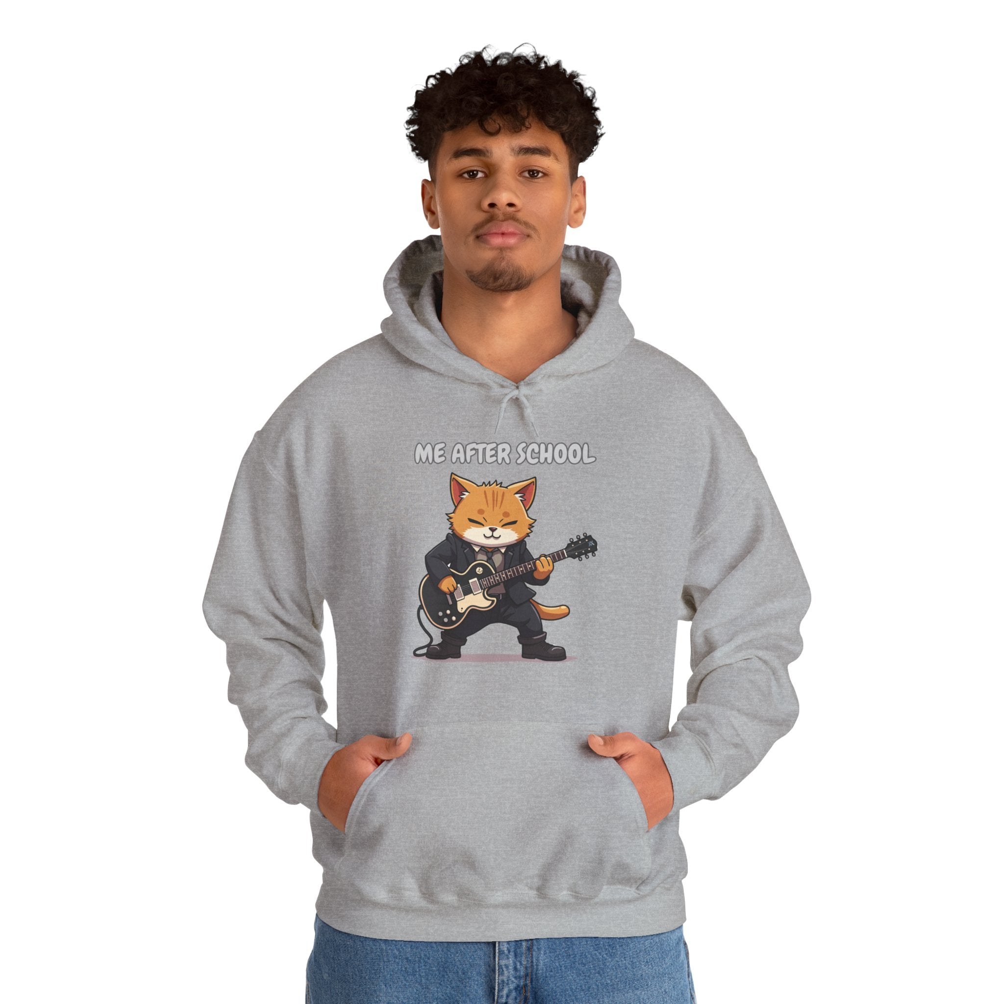 Person wearing a gray hoodie with a fox playing guitar graphic and text 'Me After School'.