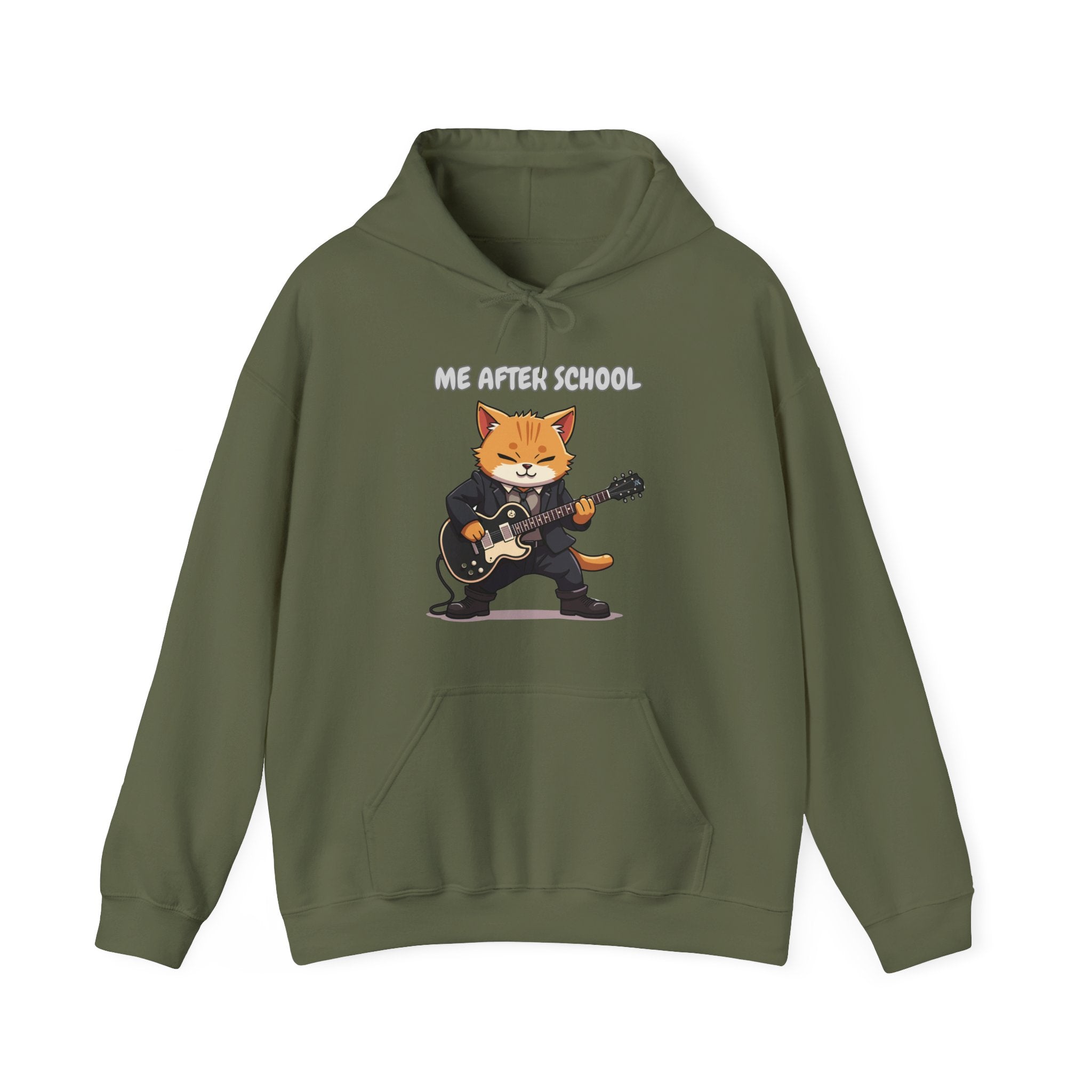 Military green hoodie with a cat playing guitar graphic and text on a white background