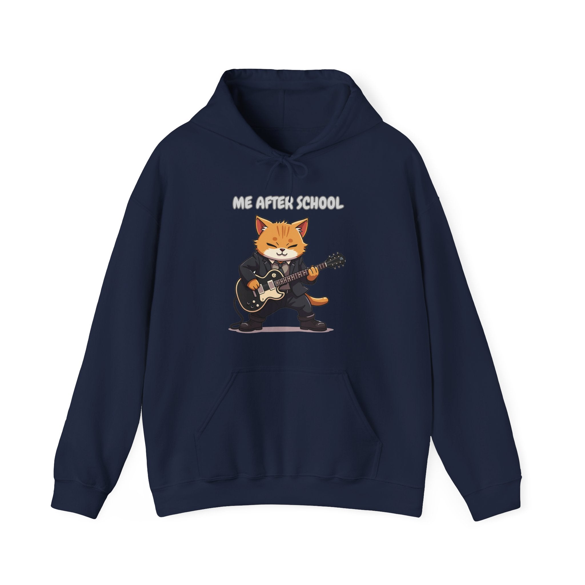 Navy blue hoodie with a graphic of a cat playing guitar and 'Me After School' text on a white background.