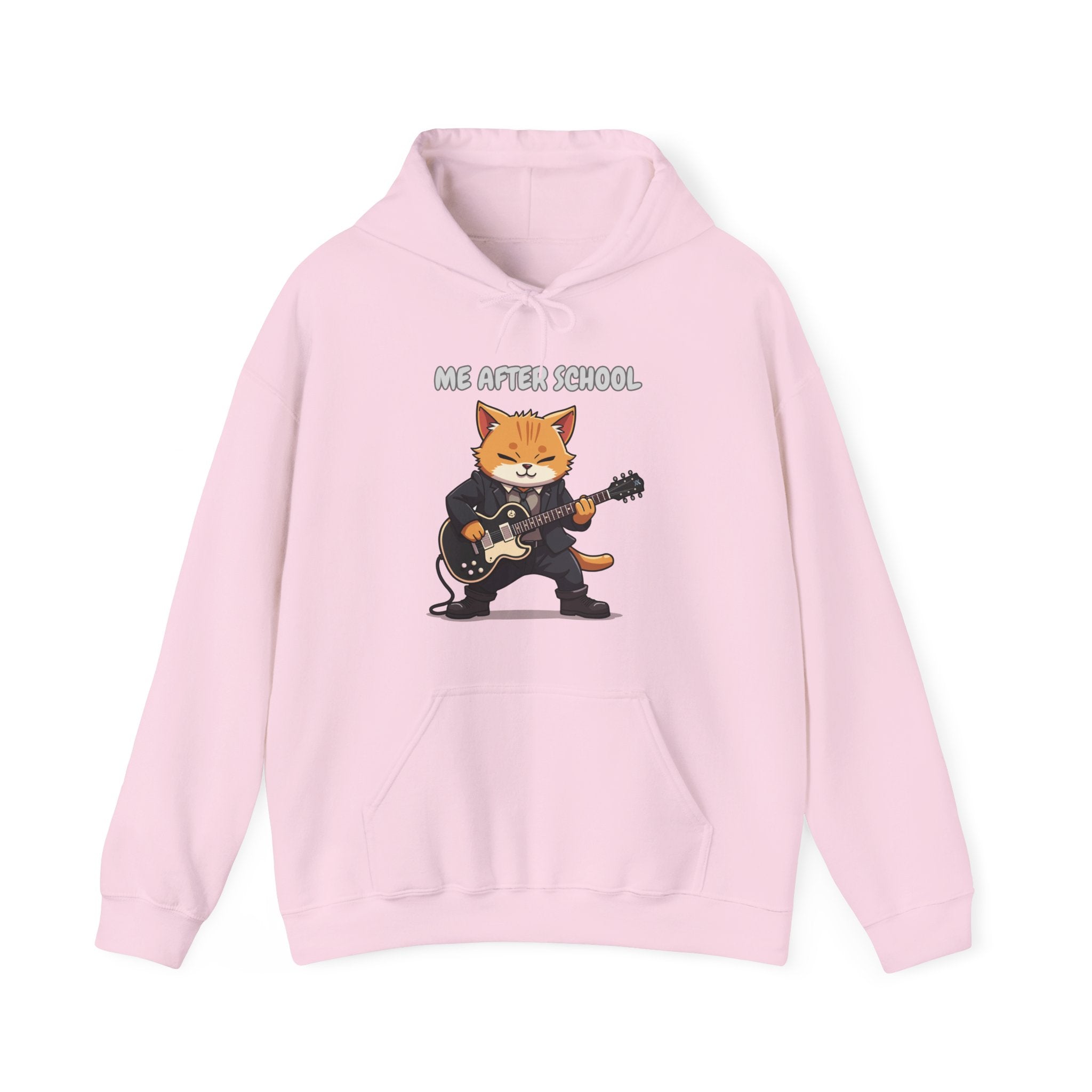 Pink hoodie with a graphic of a cat playing guitar and 'Me After School' text on a white background
