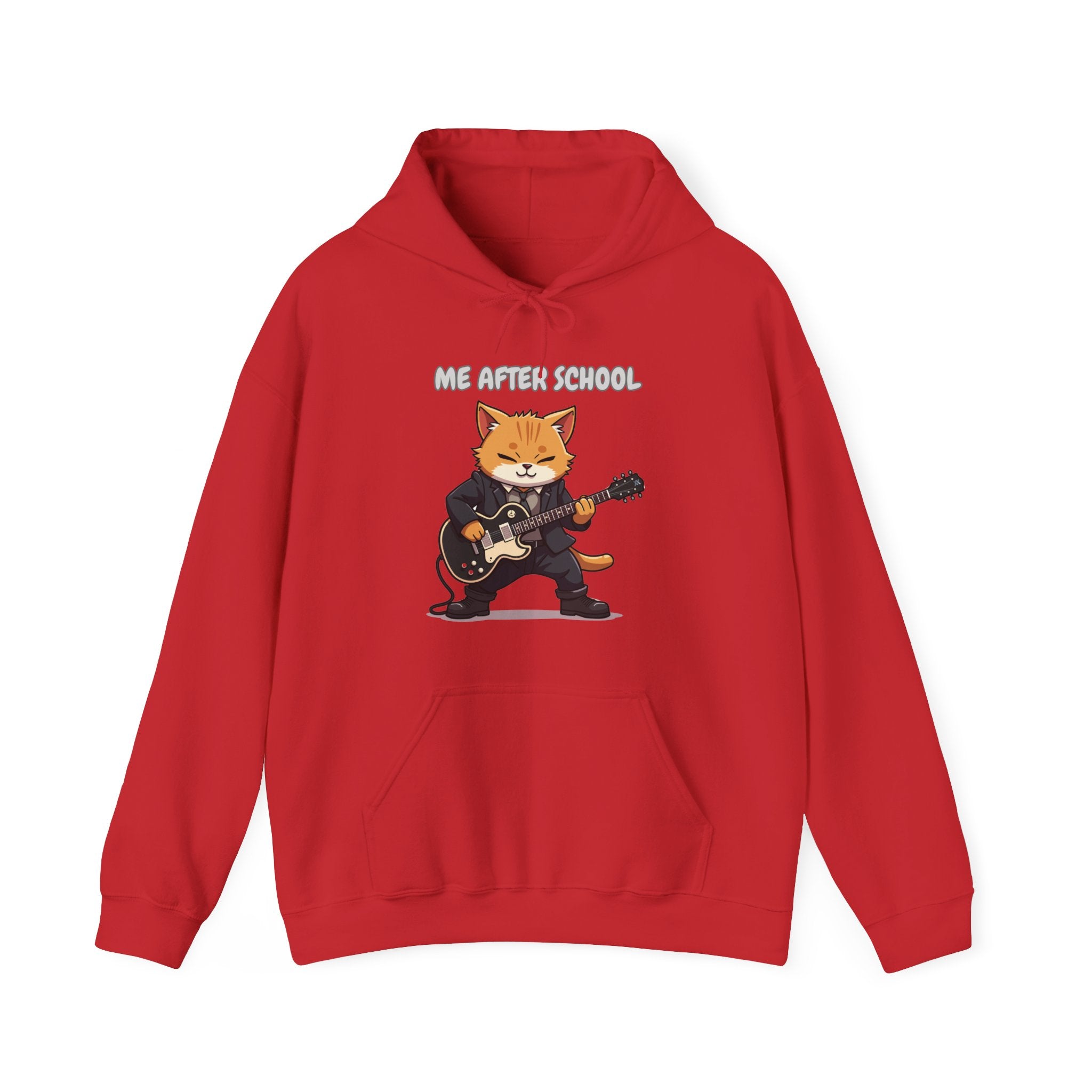 Red hoodie with a graphic of a cat playing guitar and 'Me After School' text on a white background