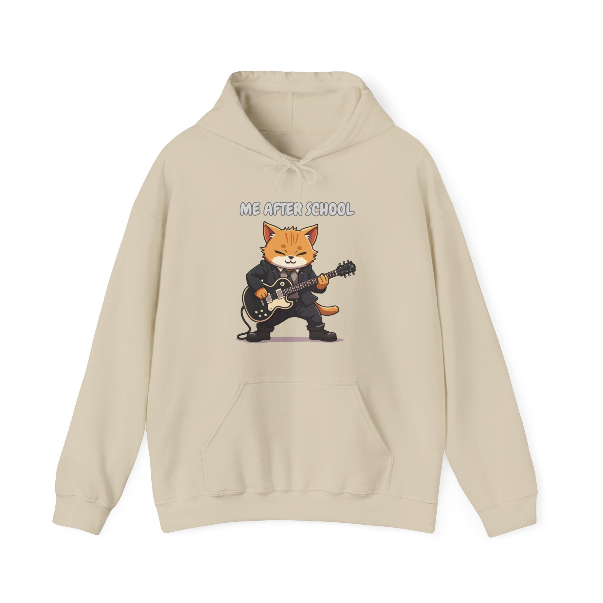 Beige hoodie with a graphic of a cat playing guitar and 'Me After School' text on a white background