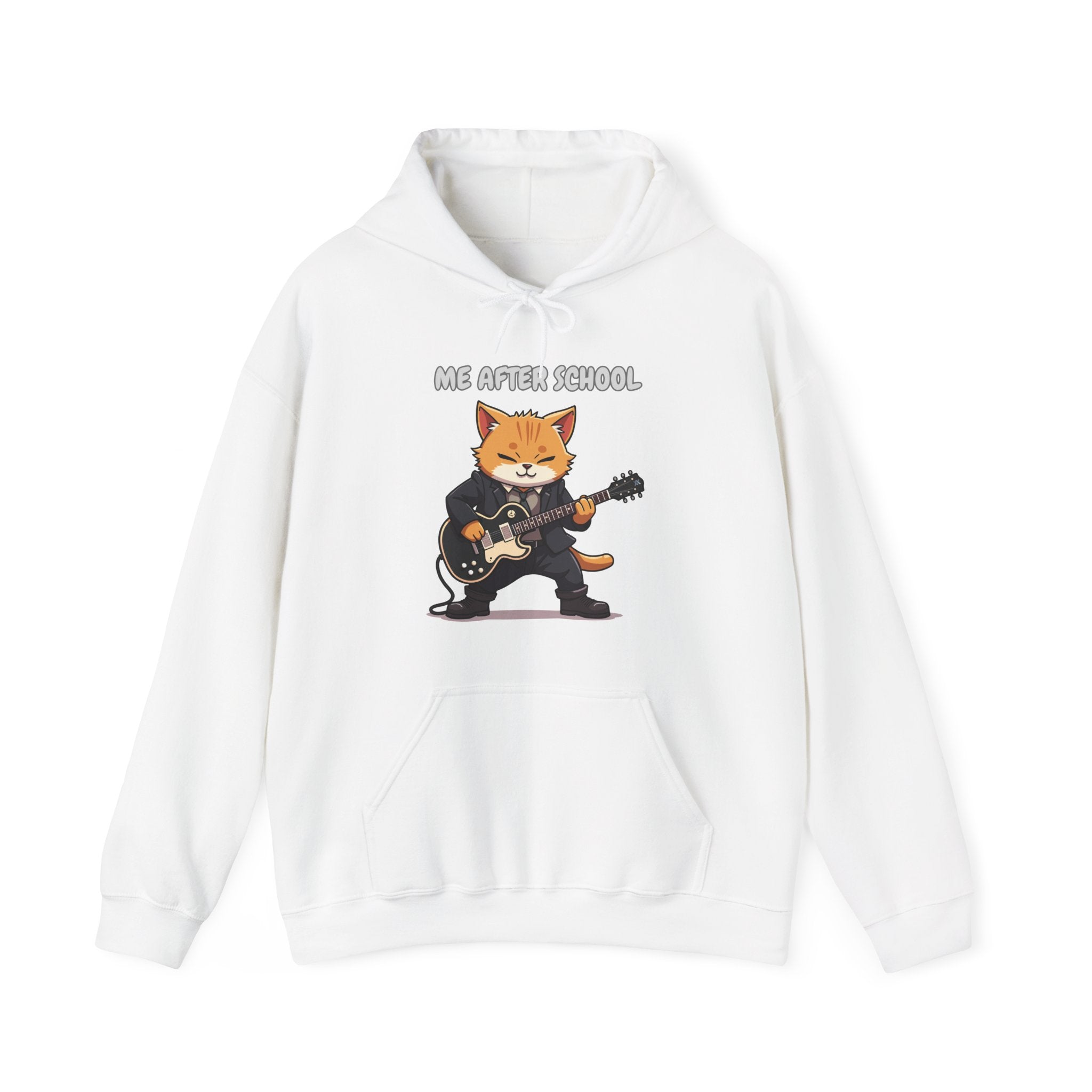 White hoodie with a cartoon cat playing guitar design on a white background