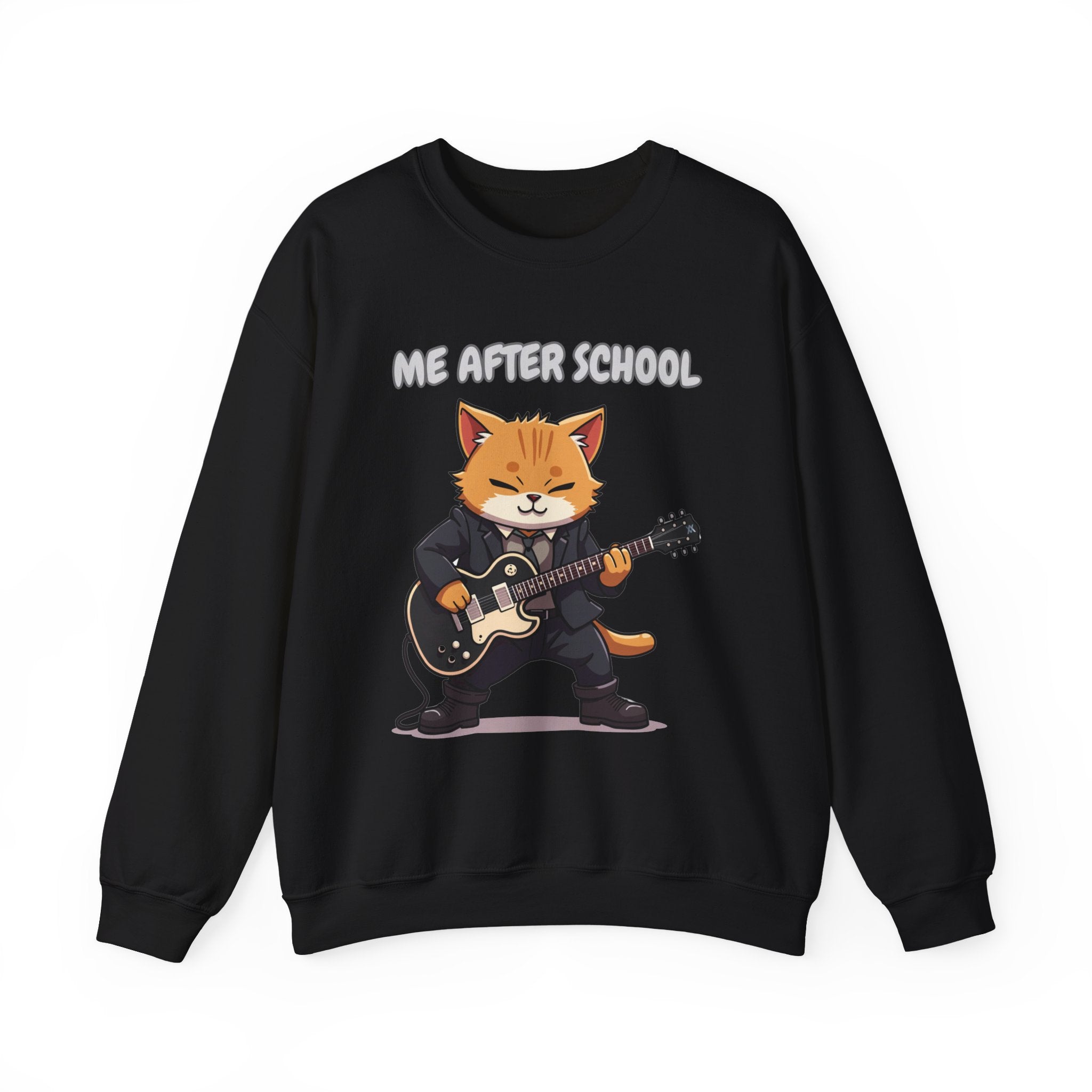 Black sweatshirt with a cartoon cat playing guitar and 'Me After School' text on a white background