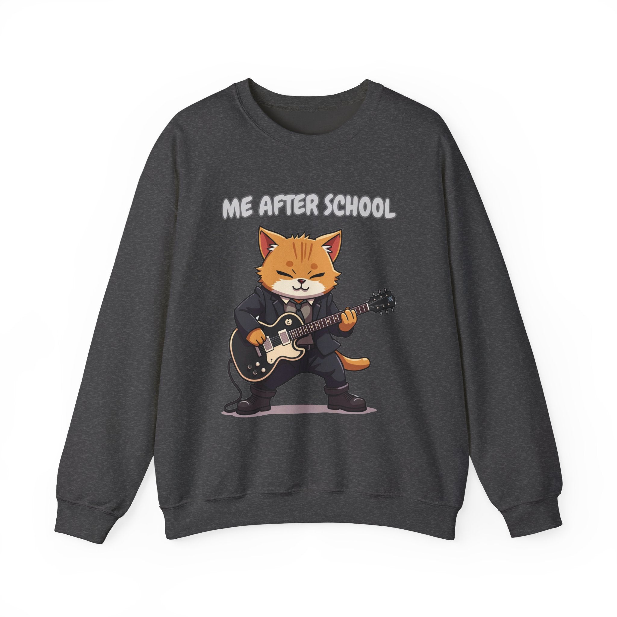 Dark heather sweatshirt with a cartoon cat playing guitar and 'Me After School' text on a white background