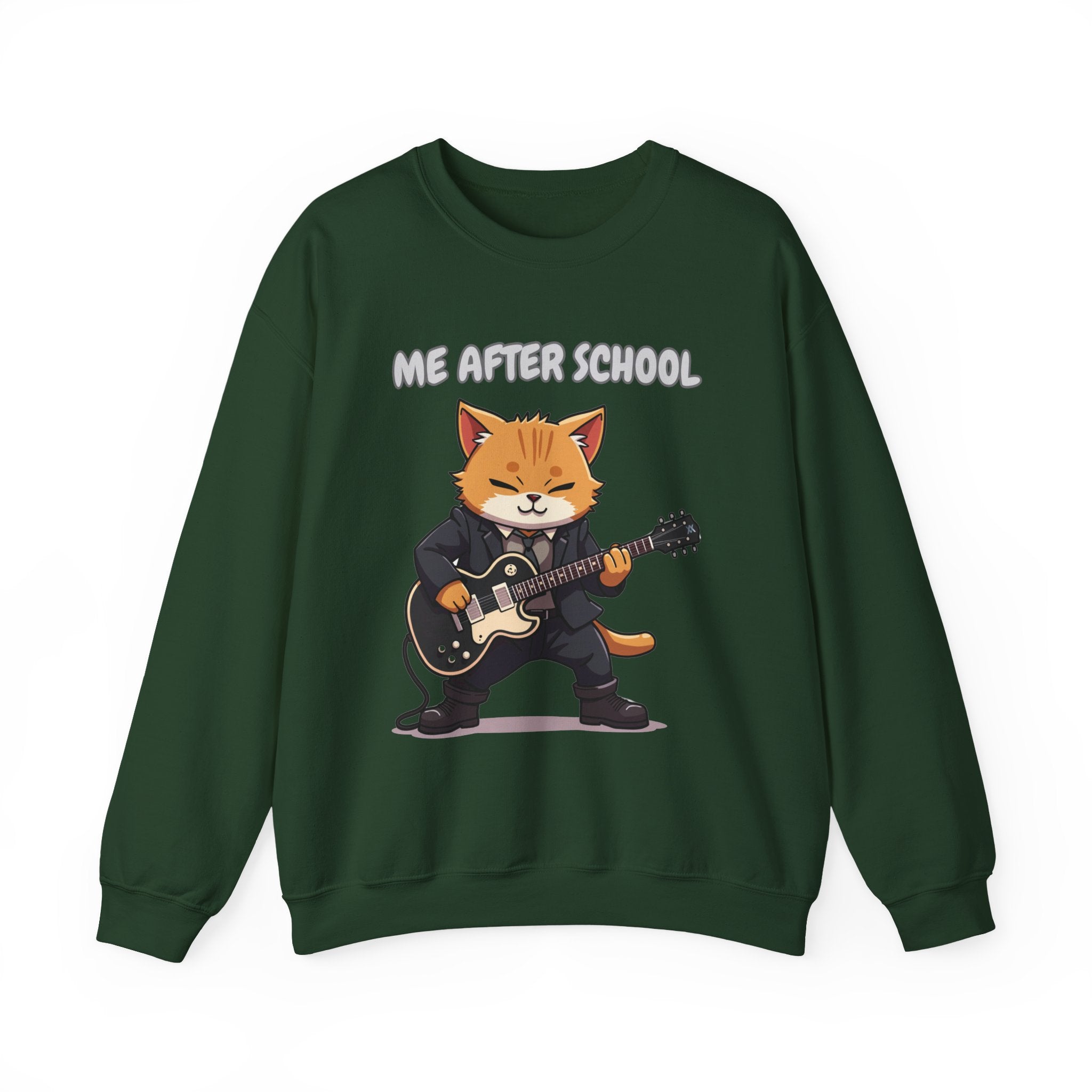Forest green sweatshirt with a cartoon cat playing guitar and 'Me After School' text on a white background