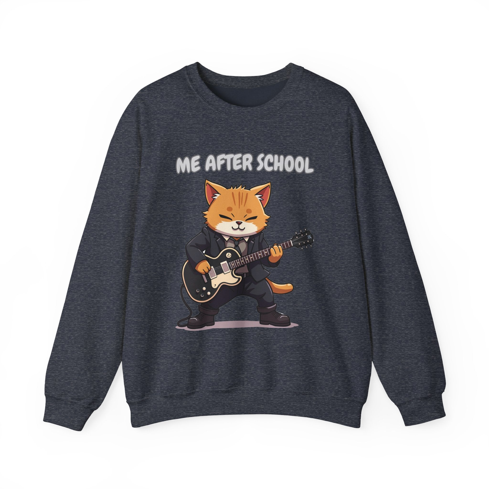 Heather sport dark navy sweatshirt with a cartoon cat playing guitar and 'Me After School' text on a white background