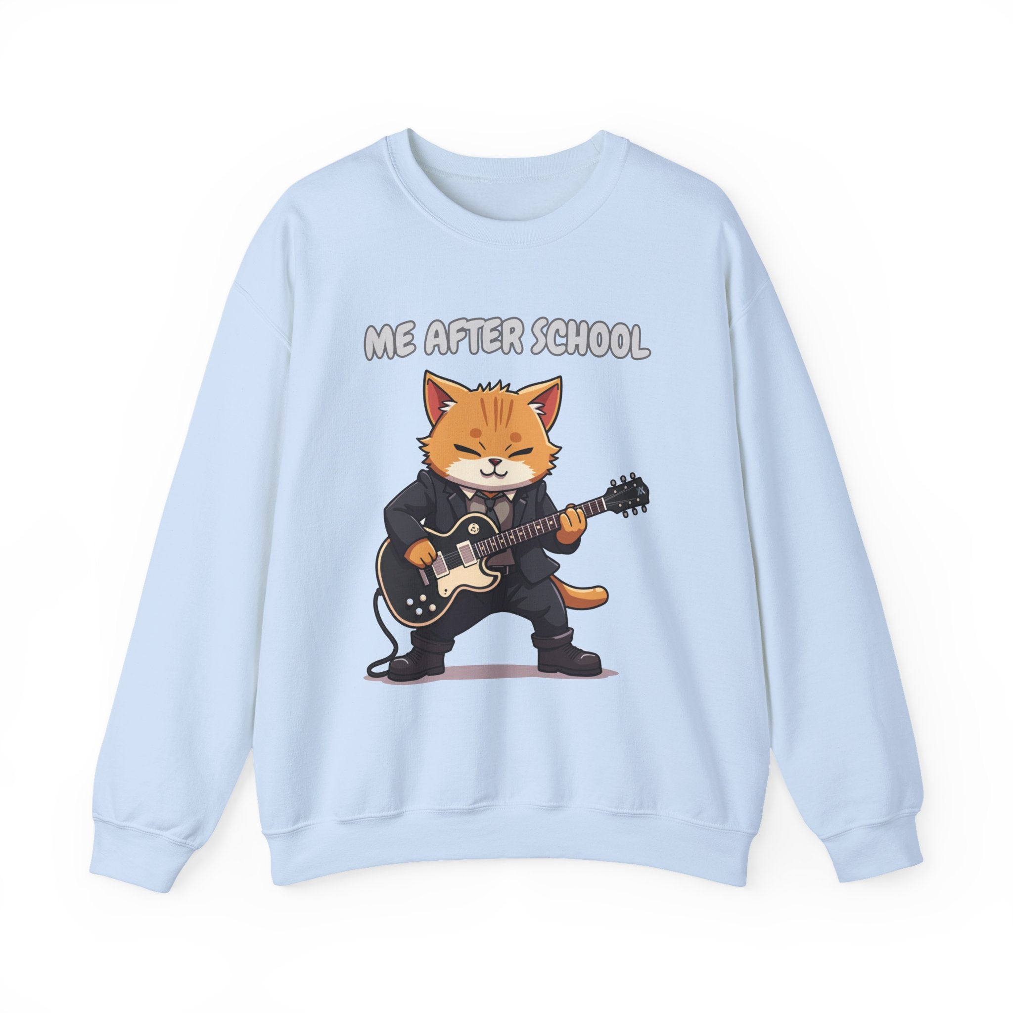 Light blue sweatshirt with a cartoon cat playing guitar and 'Me After School' text on a white background