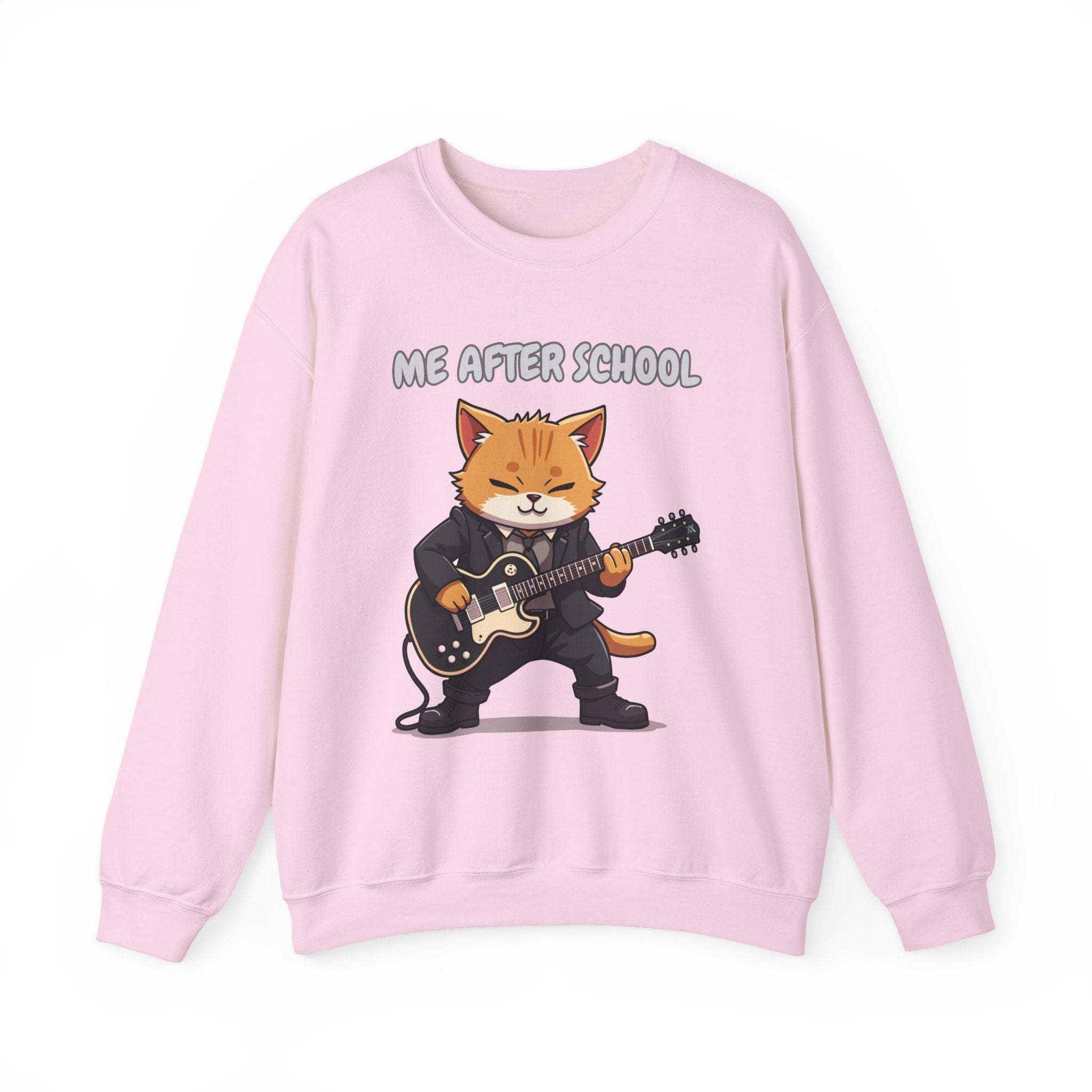 Light pink sweatshirt with a cartoon cat playing guitar and 'Me After School' text on a white background