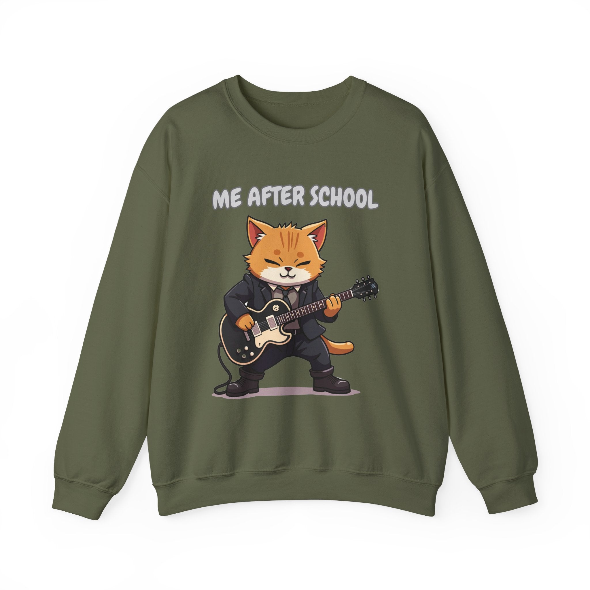 Military green sweatshirt with a cartoon cat playing guitar and 'Me After School' text on a white background