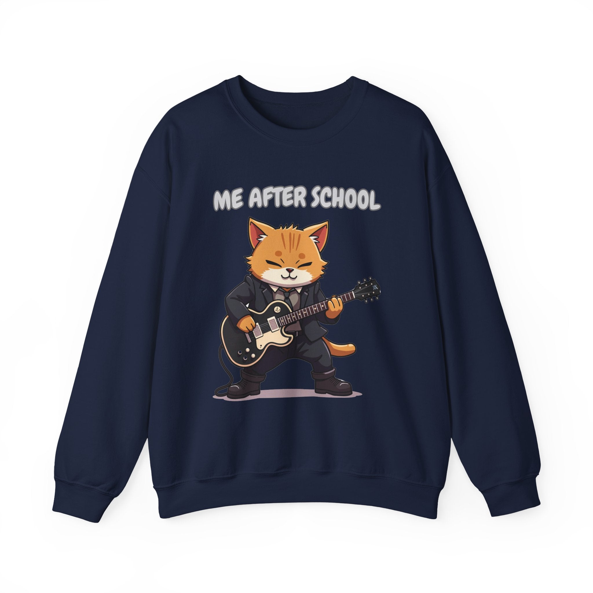 Navy blue sweatshirt with a cartoon cat playing guitar and 'Me After School' text on a white background