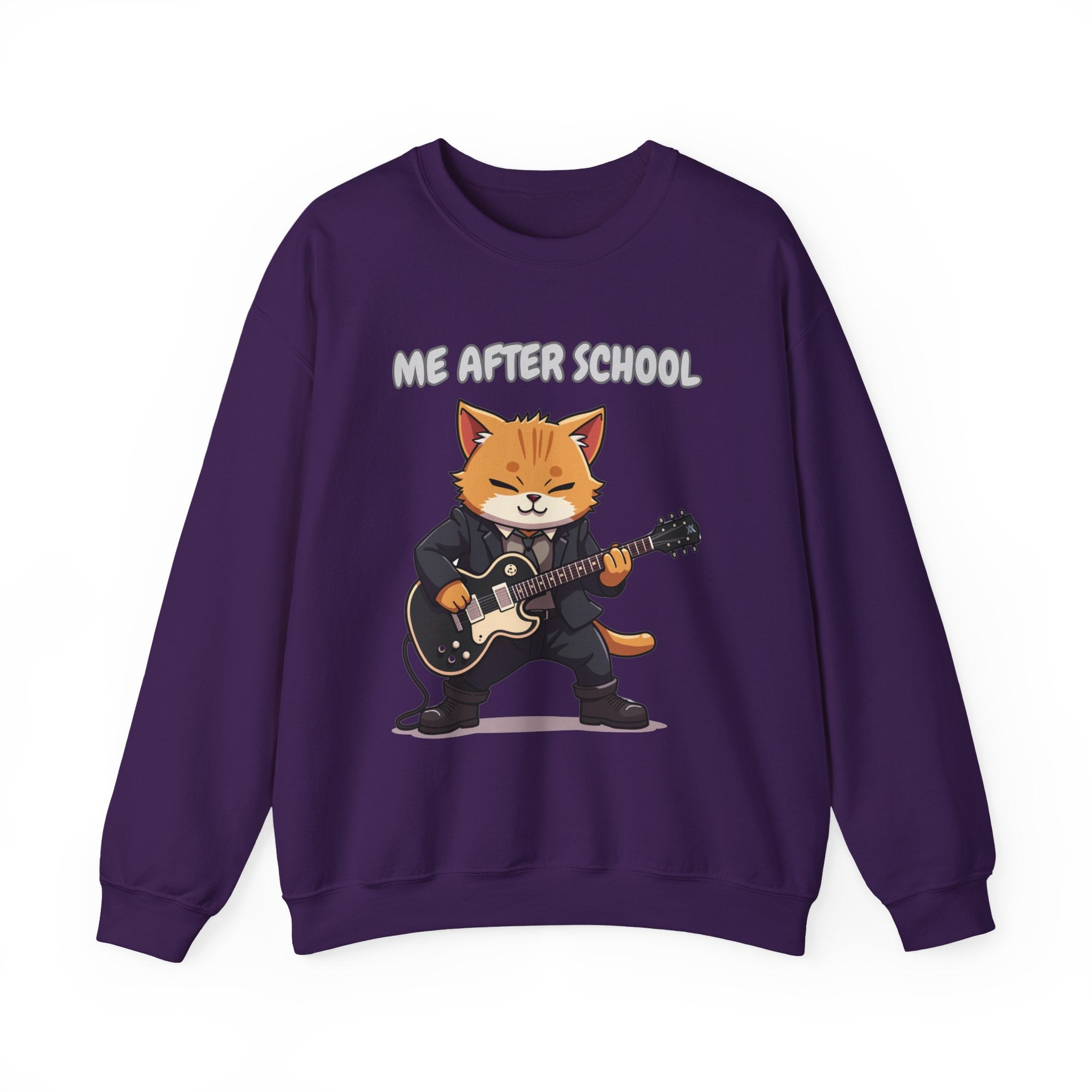 Purple sweatshirt with a cartoon cat playing guitar and 'Me After School' text on a white background