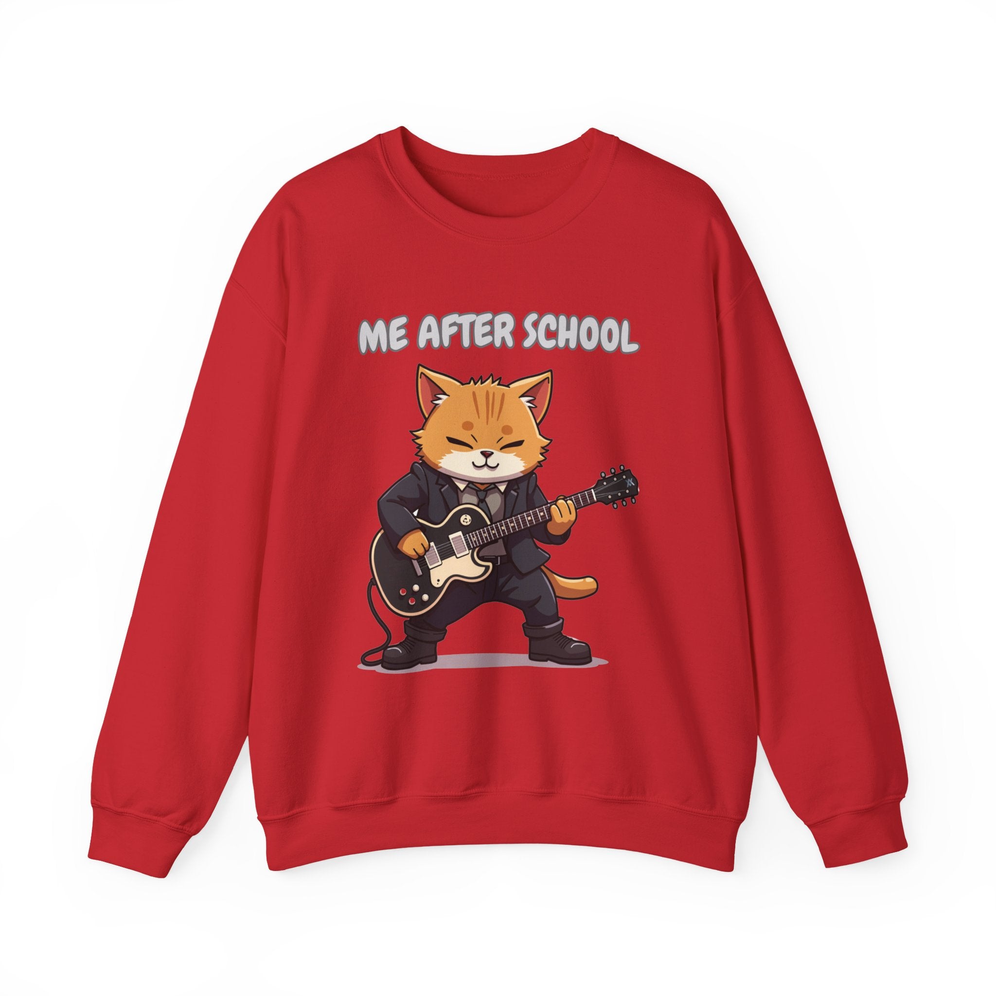 Red sweatshirt with a cartoon cat playing guitar and 'Me After School' text on a white background