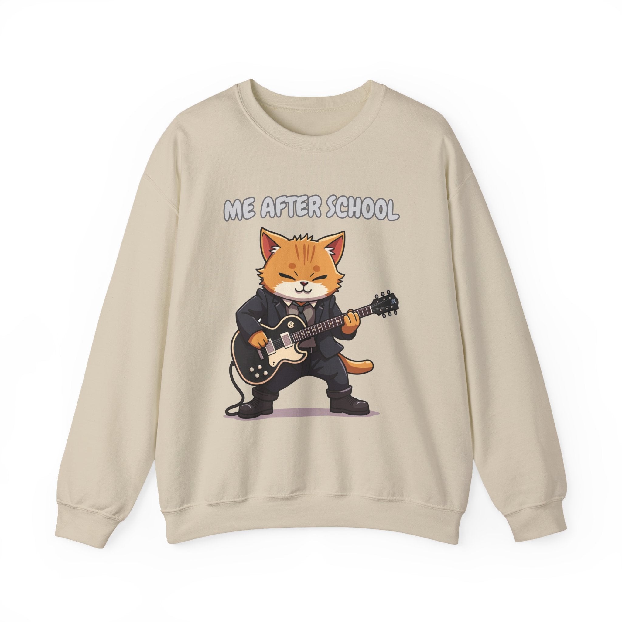 Beige sweatshirt with a cartoon cat playing guitar and 'Me After School' text on a white background