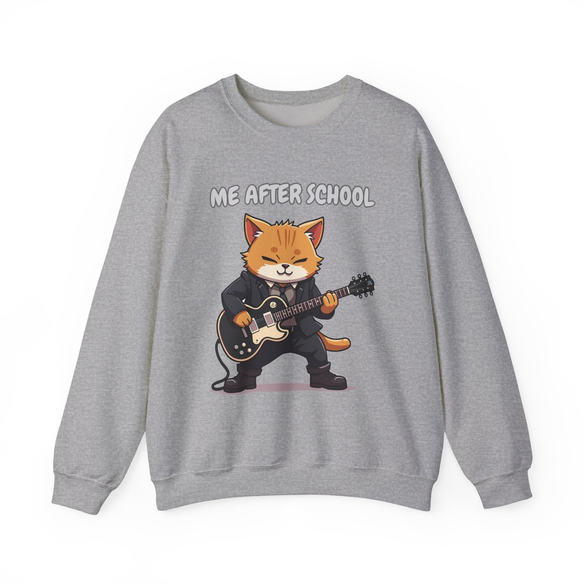 Gray sweatshirt with a cartoon cat playing guitar and 'Me After School' text on a white background