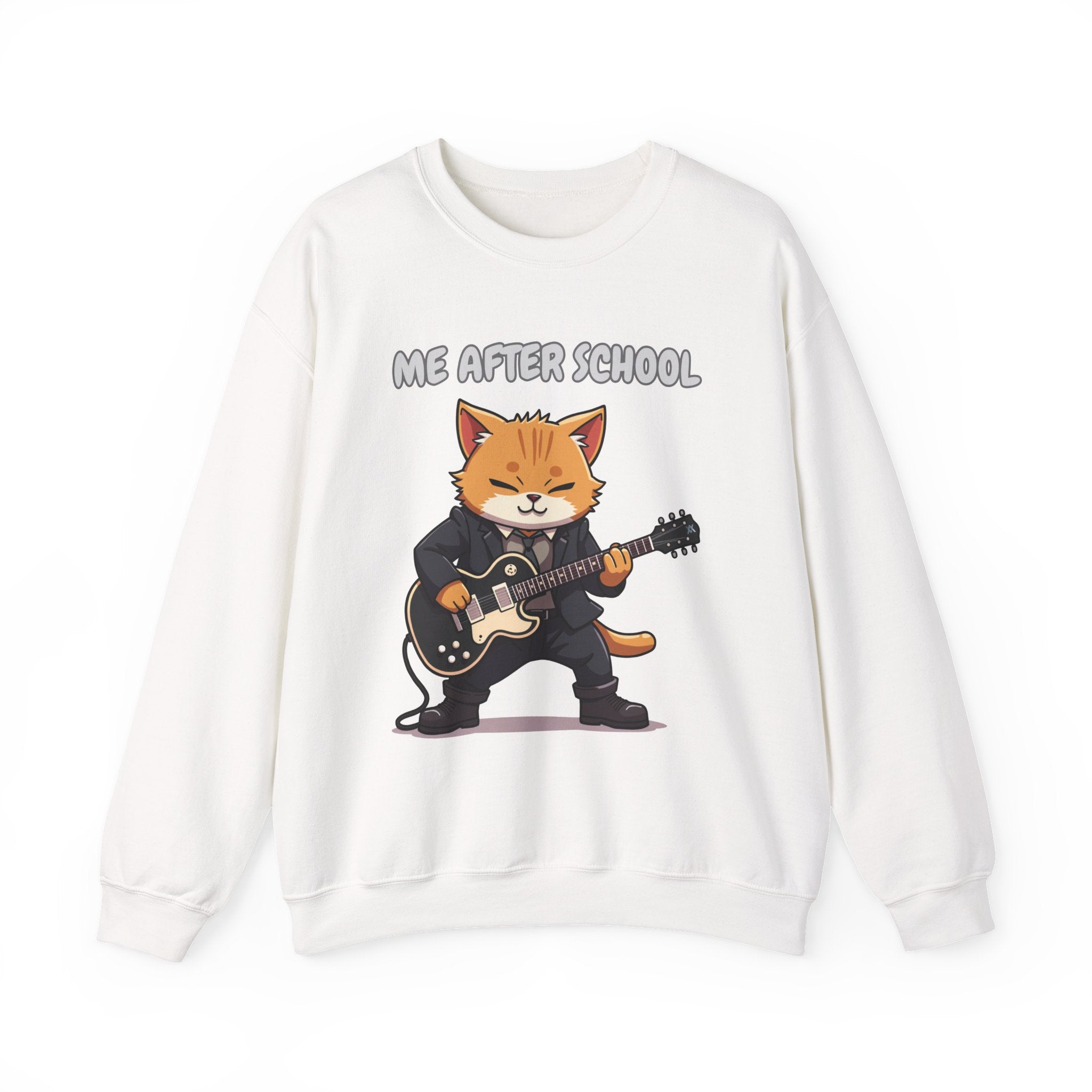 White sweatshirt with a cartoon cat playing guitar and 'Me After School' text on a white background