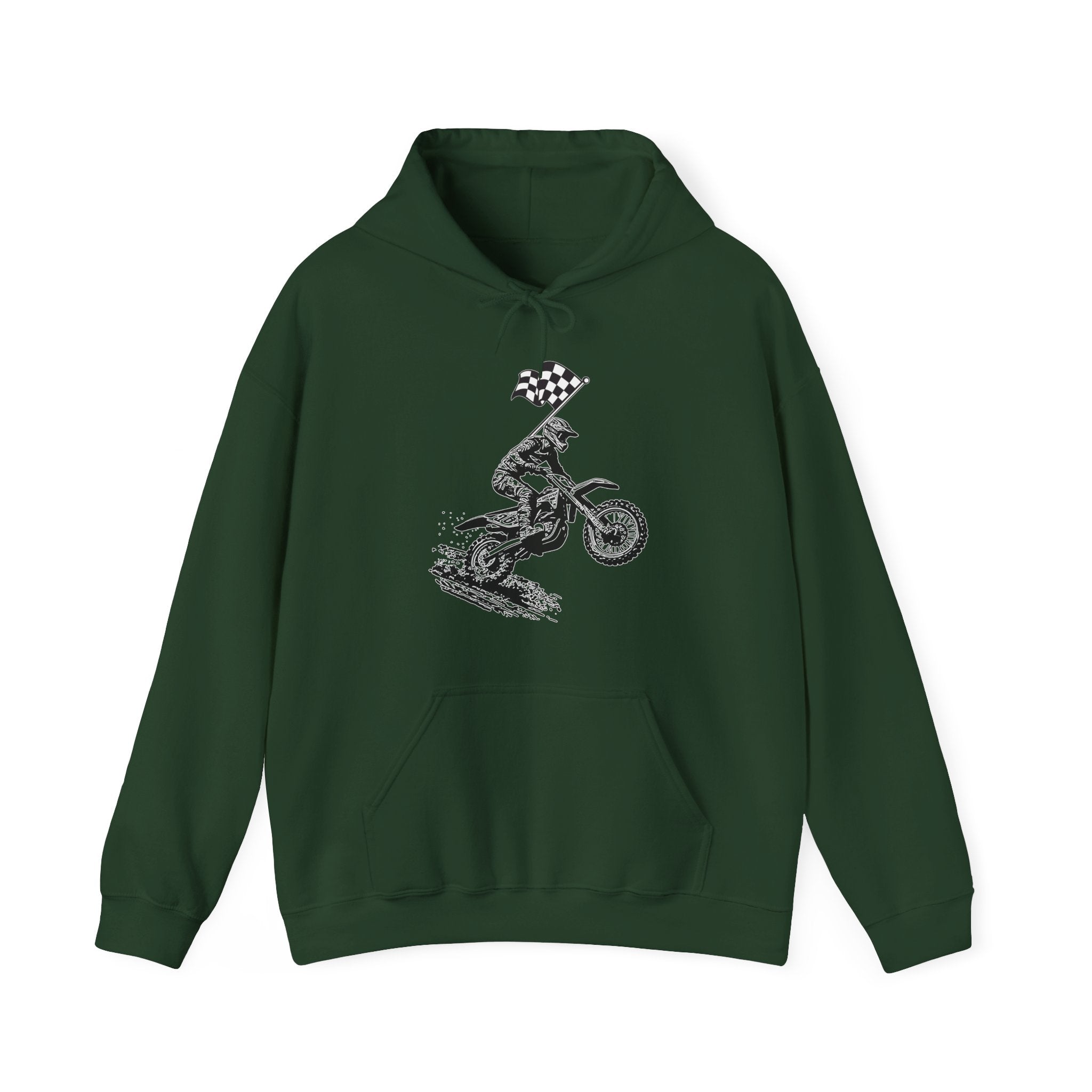 Forest green hoodie with a graphic of a person on a motorcycle and a checkered flag on a white background