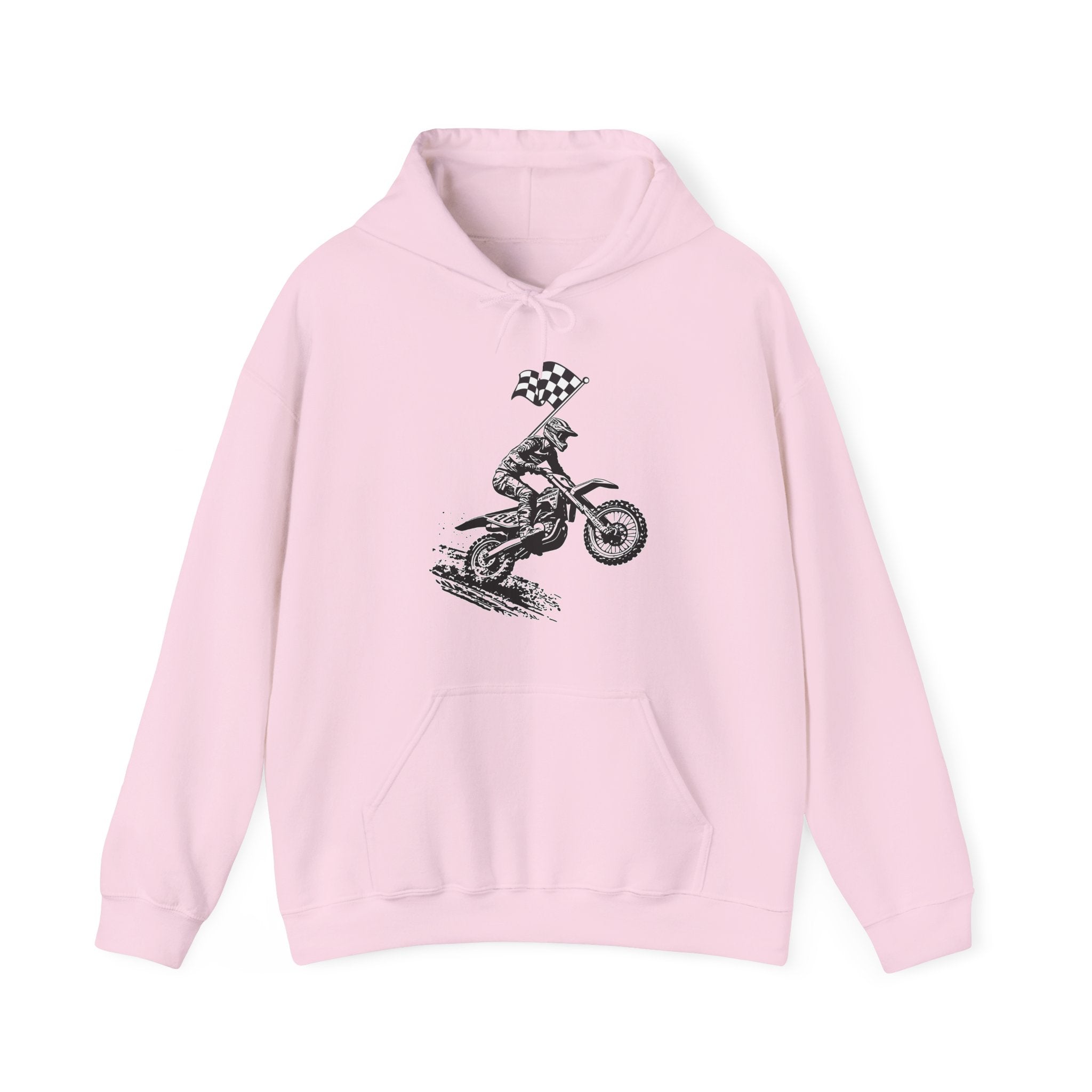 Pink hoodie with a graphic of a person on a motorcycle and a checkered flag on a white background