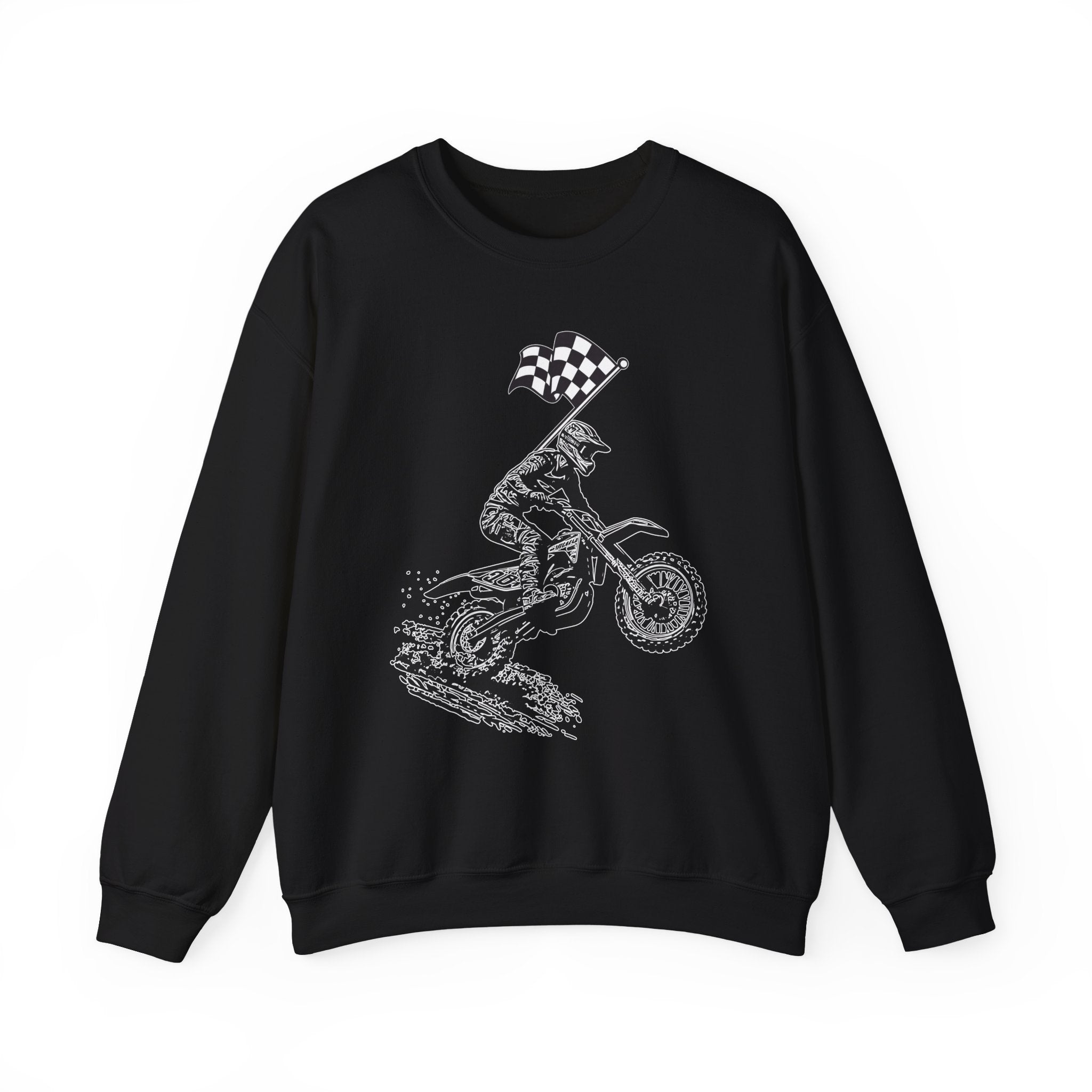 Black sweatshirt with a graphic of a motocross rider and checkered flag on a white background