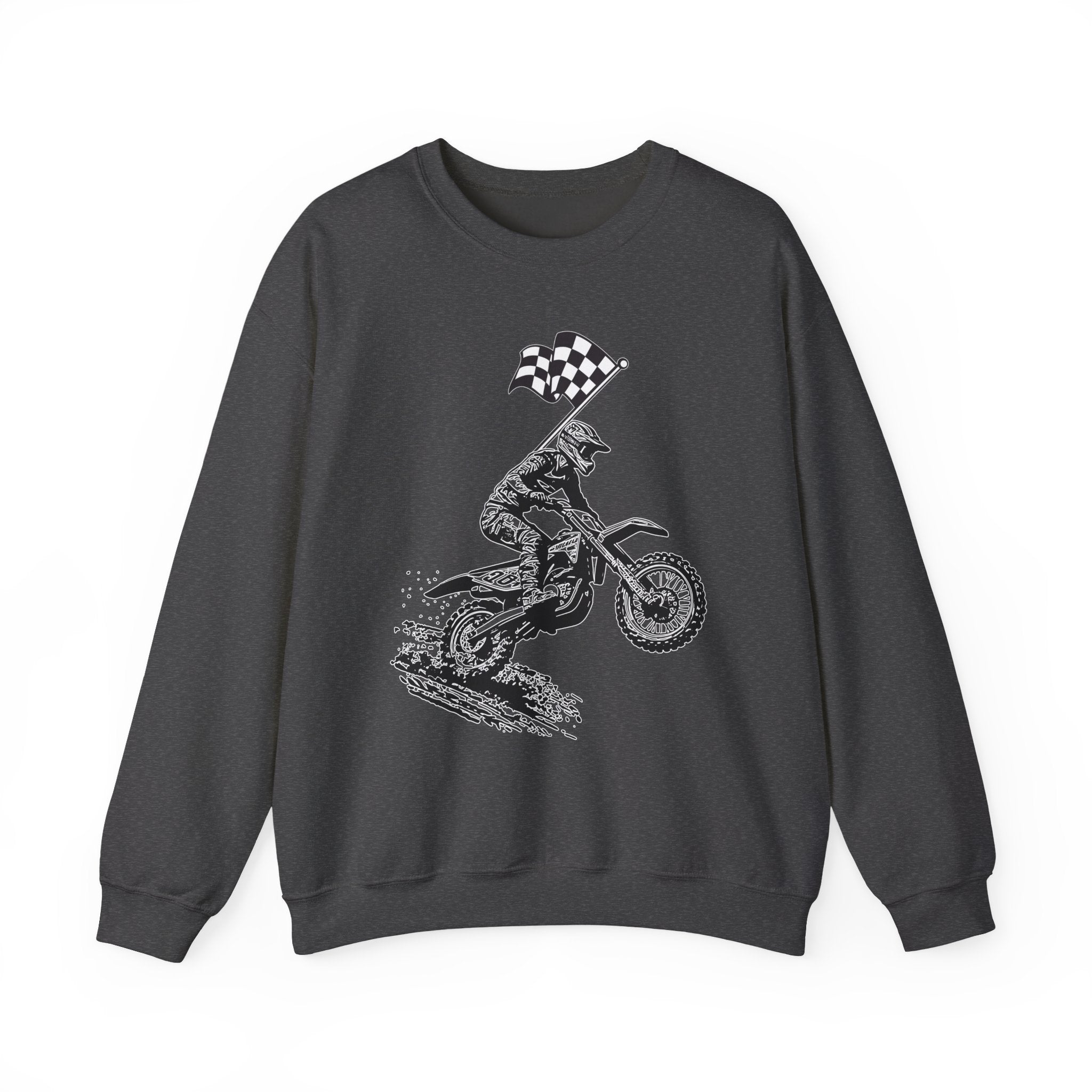 Dark heather gray sweatshirt with a graphic of a motocross rider and checkered flag on a white background