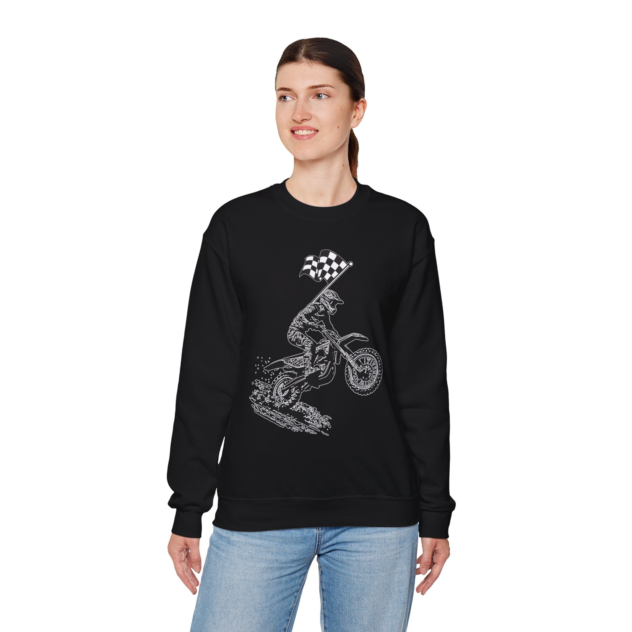 Person wearing a black sweatshirt with a graphic design on a white background