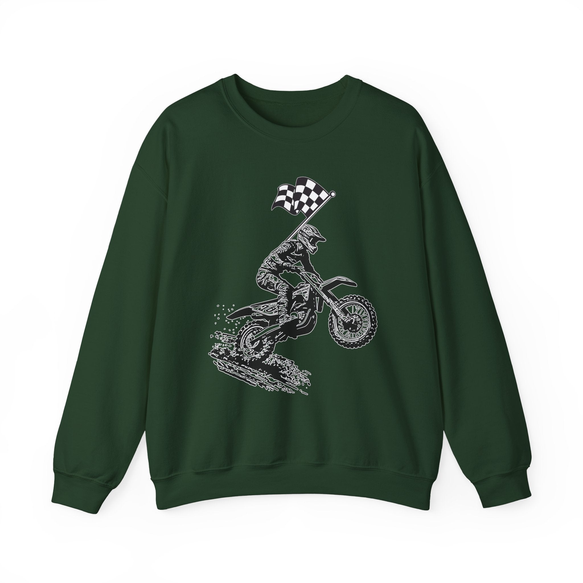 Forest green sweatshirt with a graphic of a person on a motorcycle and a checkered flag on a white background