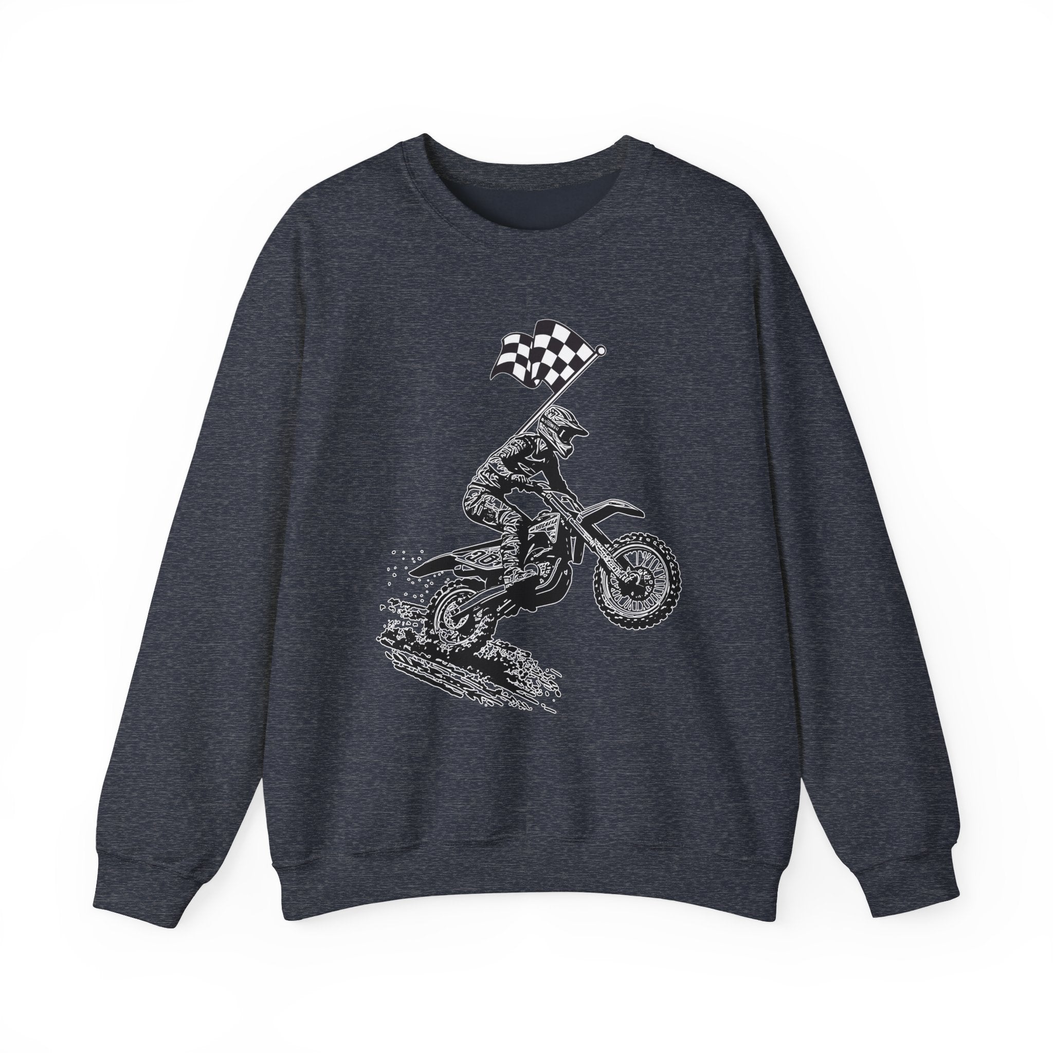 Heather sport dark navy sweatshirt with a graphic of a motocross rider and checkered flag on a white background